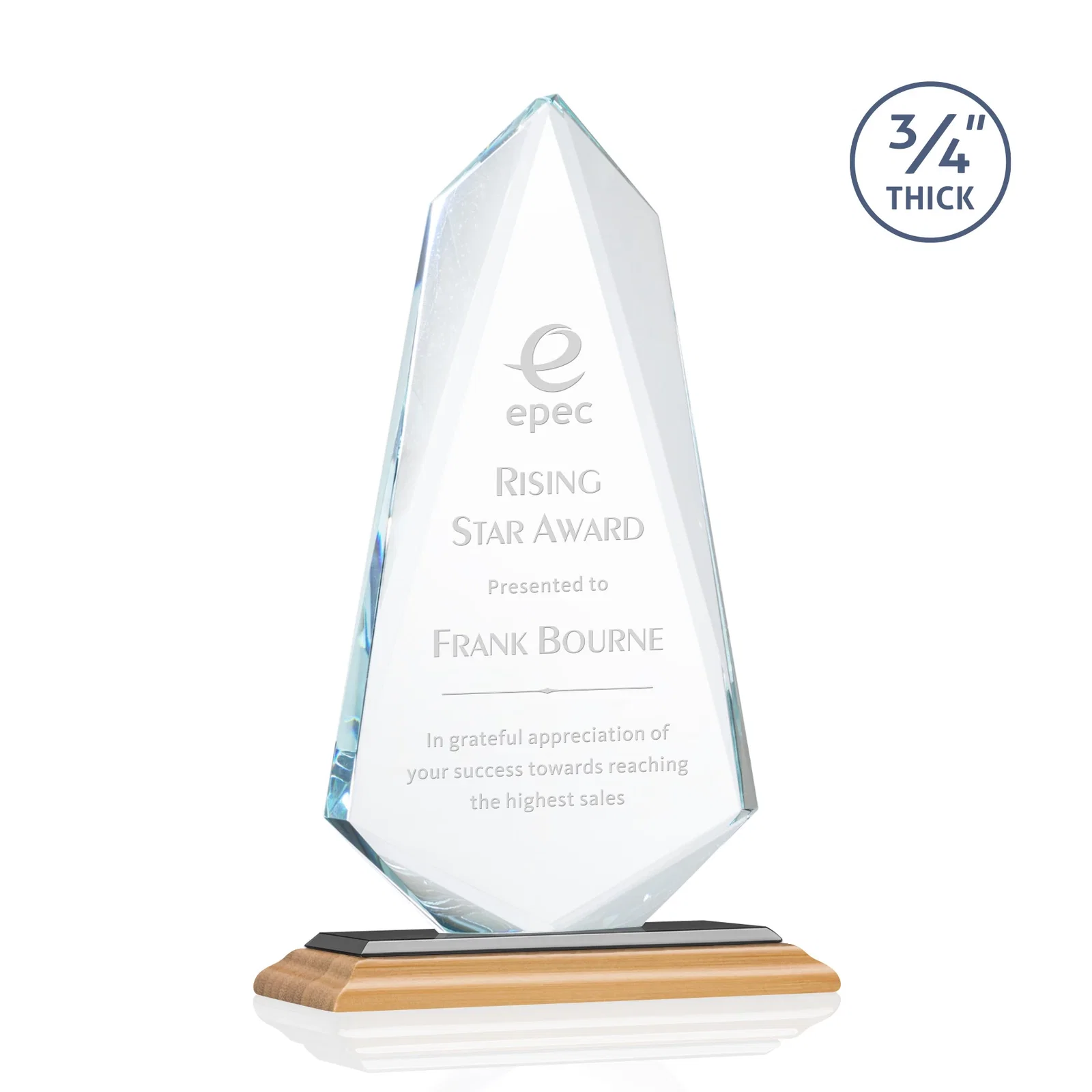 Custom engraved Starfire Crystal Arrow Award with Wood or Crystal Mitered Base for service anniversary gifts