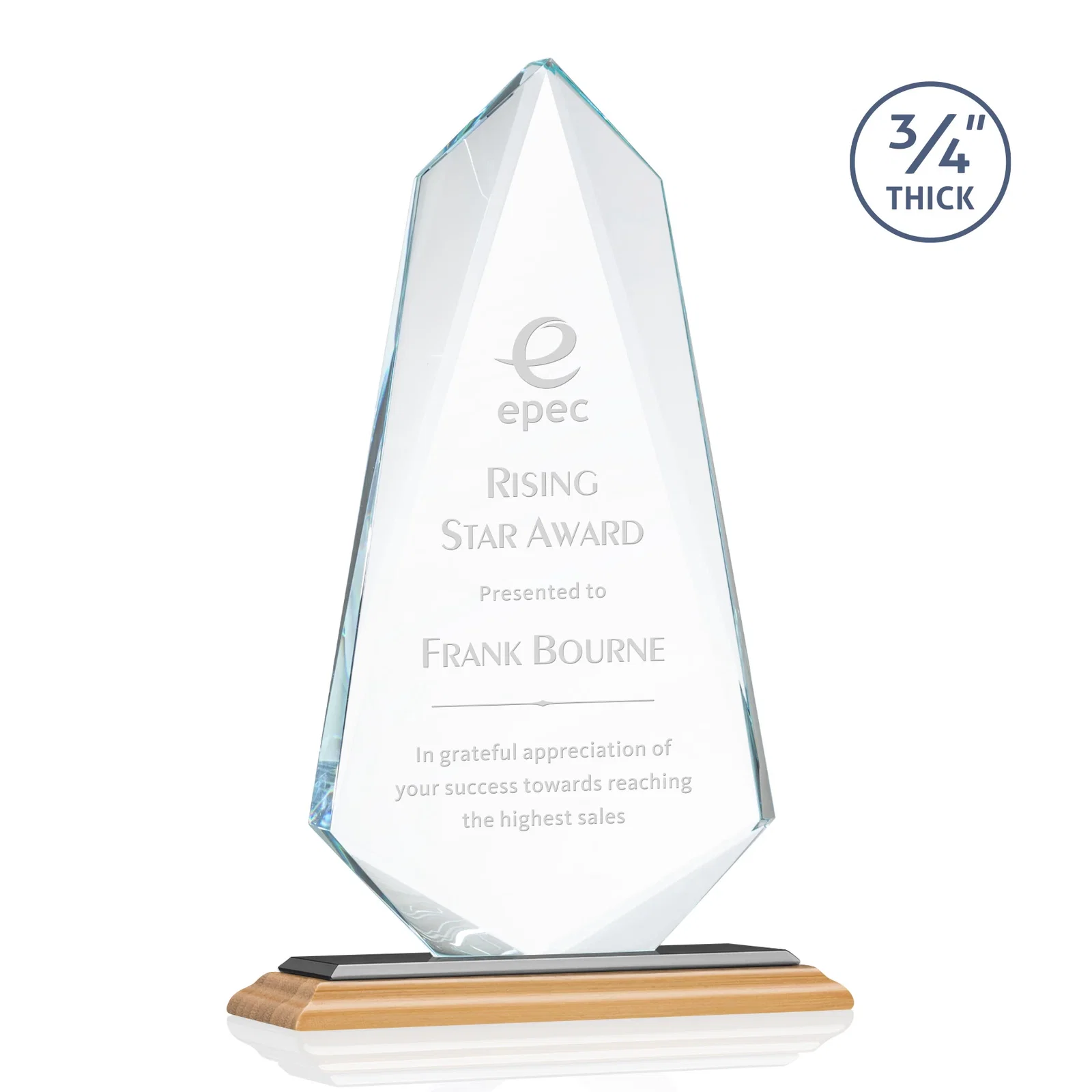 Custom engraved Starfire Crystal Arrow Award with Wood or Crystal Mitered Base for sales achievement awards