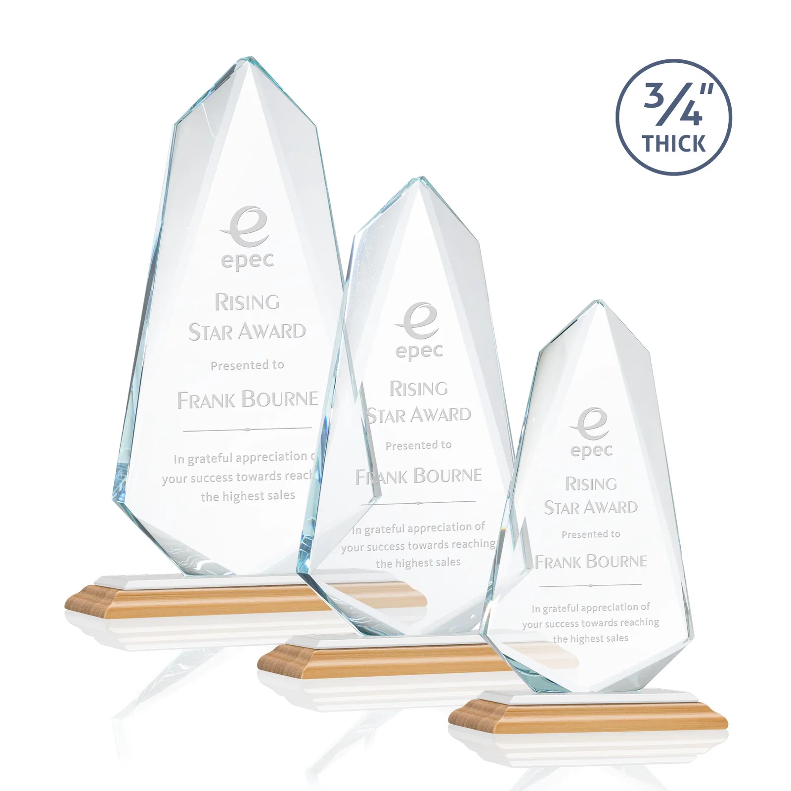 Custom engraved Starfire Crystal Arrow Award with Wood or Crystal Mitered Base for retirement presentations