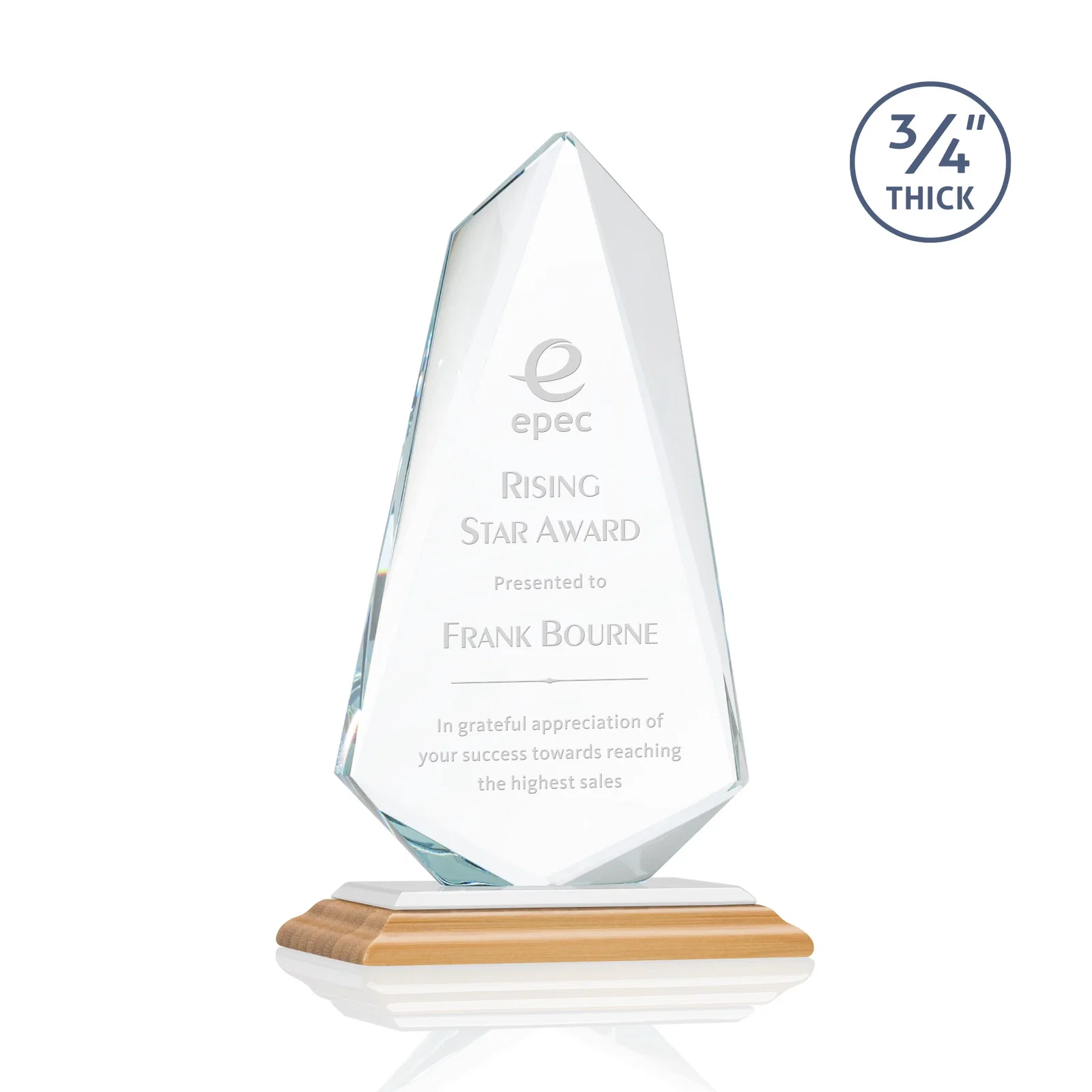 Custom engraved Starfire Crystal Arrow Award with Wood or Crystal Mitered Base for team milestone celebrations
