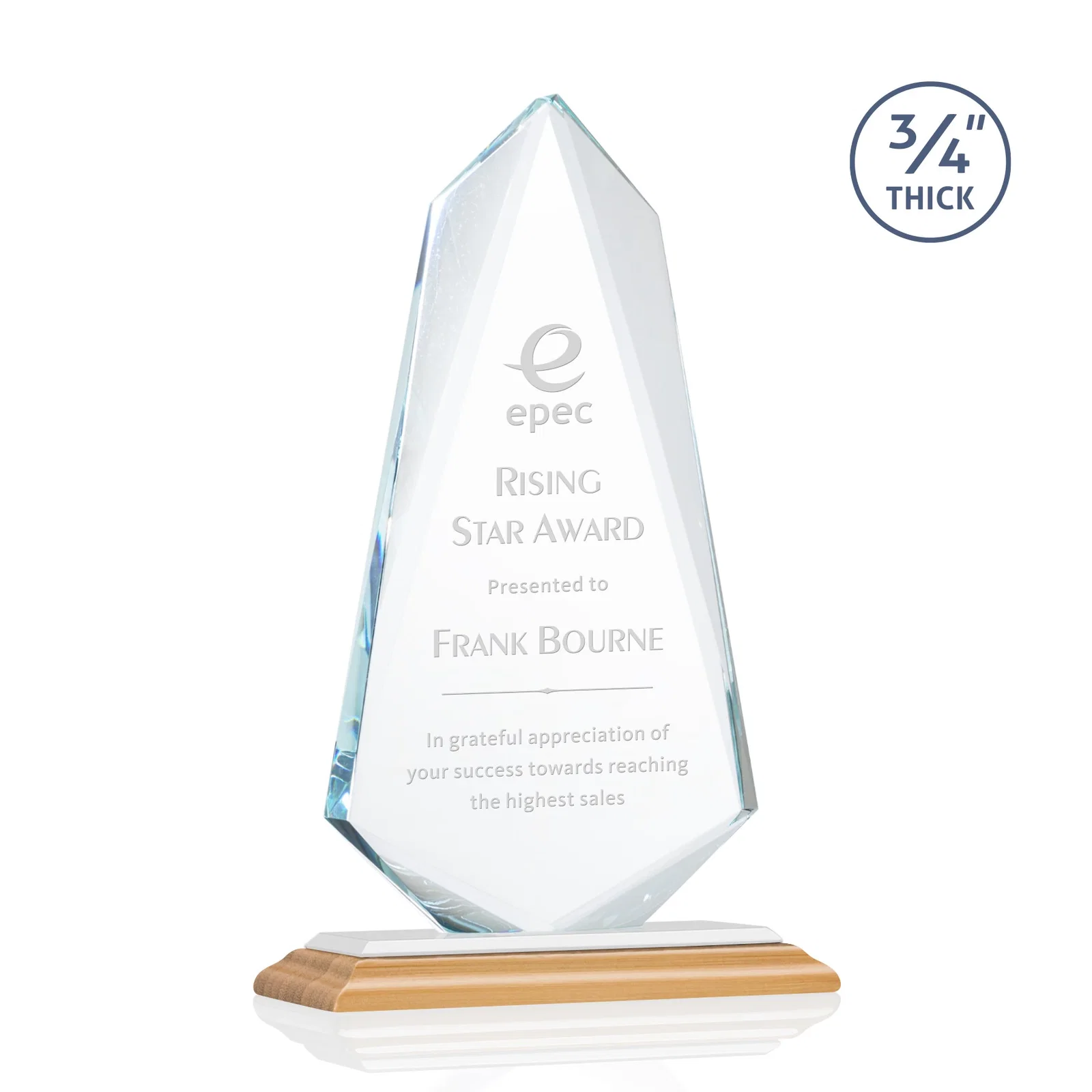 Custom engraved Starfire Crystal Arrow Award with Wood or Crystal Mitered Base for donor appreciation
