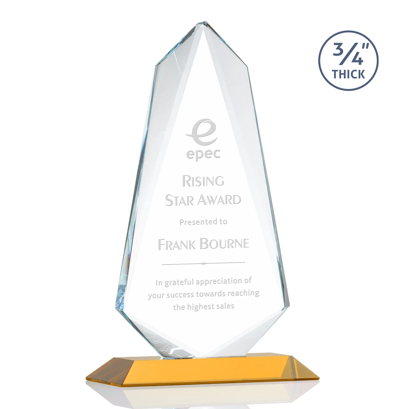 Custom Starfire Crystal Arrow Award with Wood or Crystal Mitered Base for graduation ceremonies