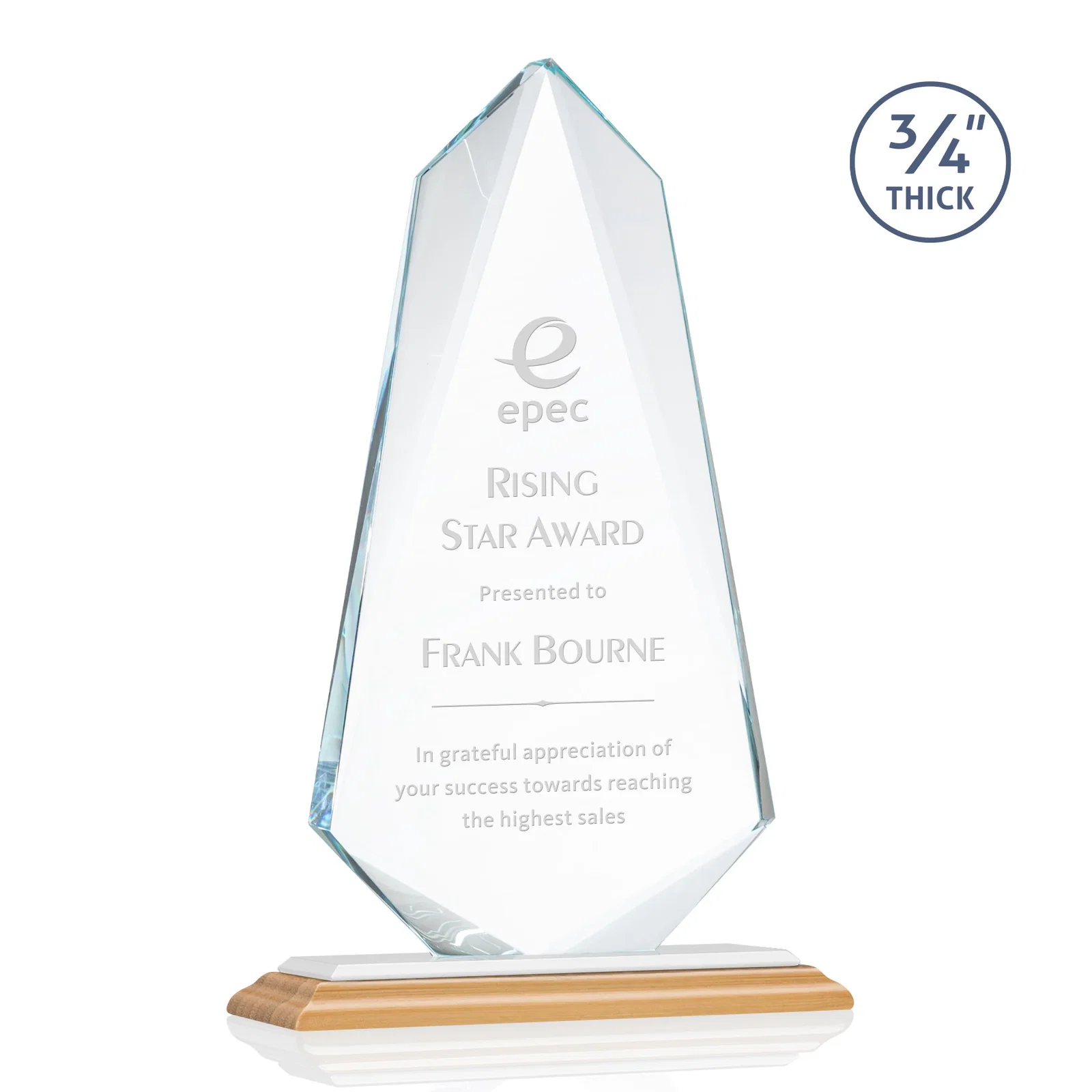 Custom engraved Starfire Crystal Arrow Award with Wood or Crystal Mitered Base for graduation ceremonies