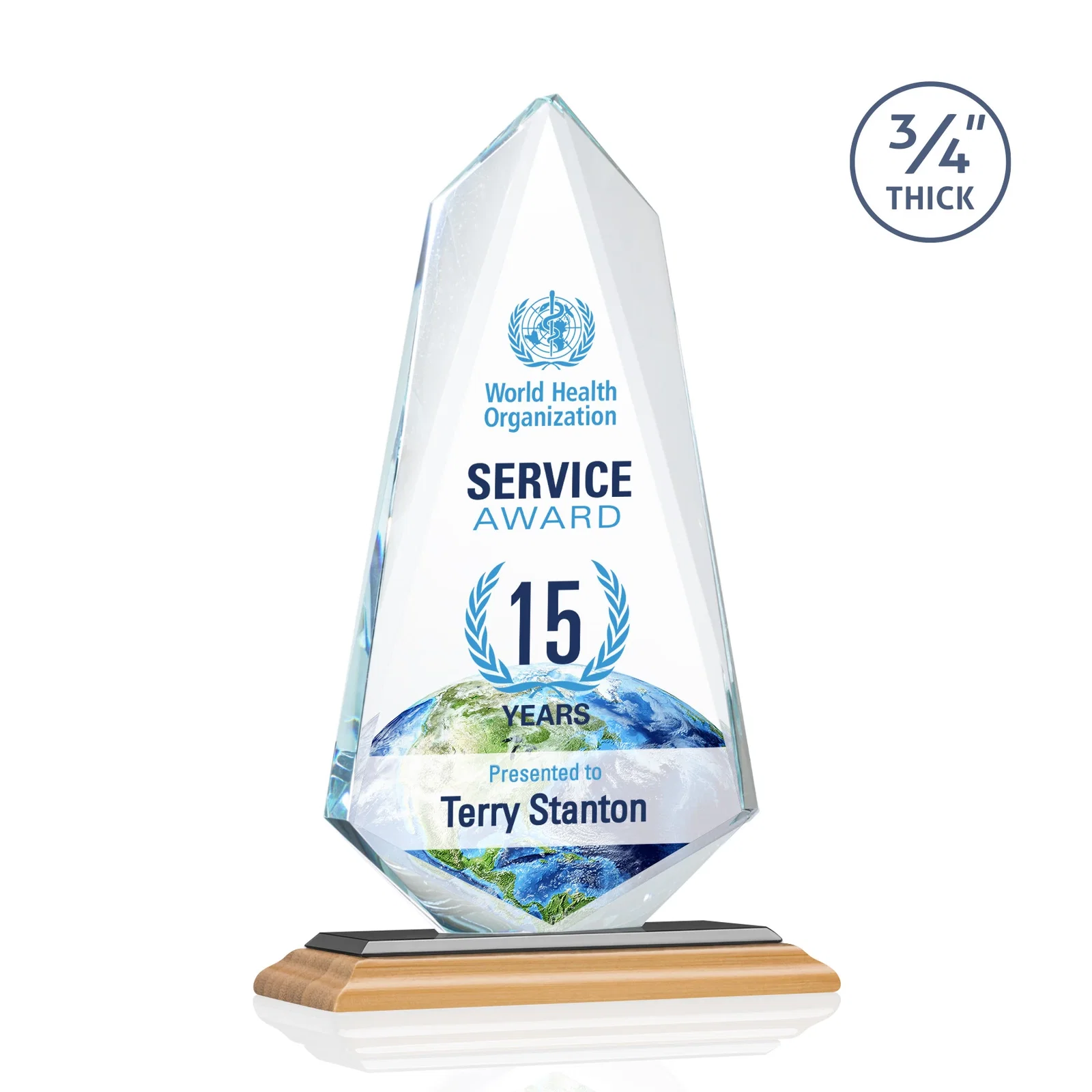 Custom engraved Starfire Crystal Arrow Award with Wood or Crystal Mitered Base for dealer and partner awards