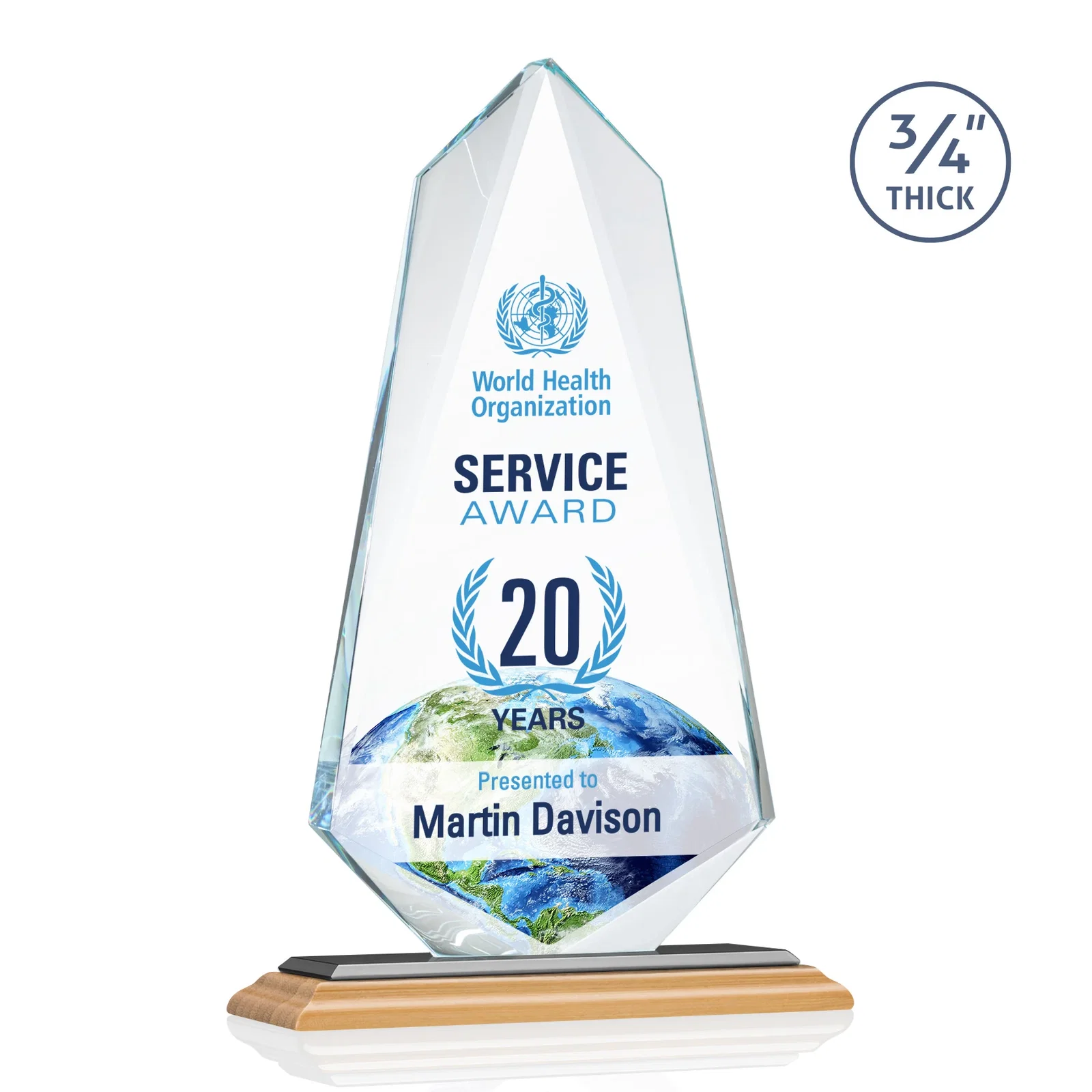 Custom engraved Starfire Crystal Arrow Award with Wood or Crystal Mitered Base for company anniversary events