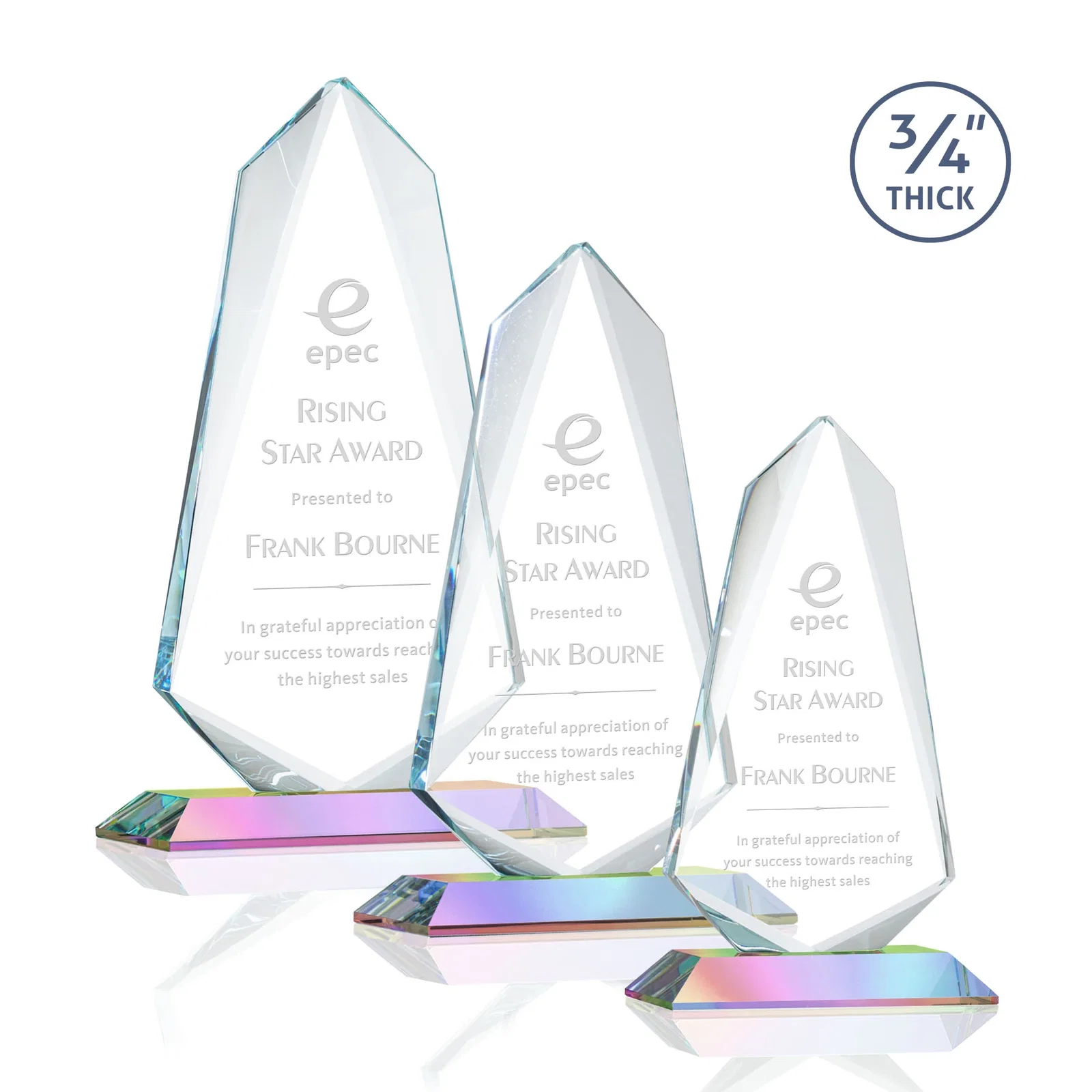 Custom Starfire Crystal Arrow Award with Wood or Crystal Mitered Base, with your logo for retirement presentations