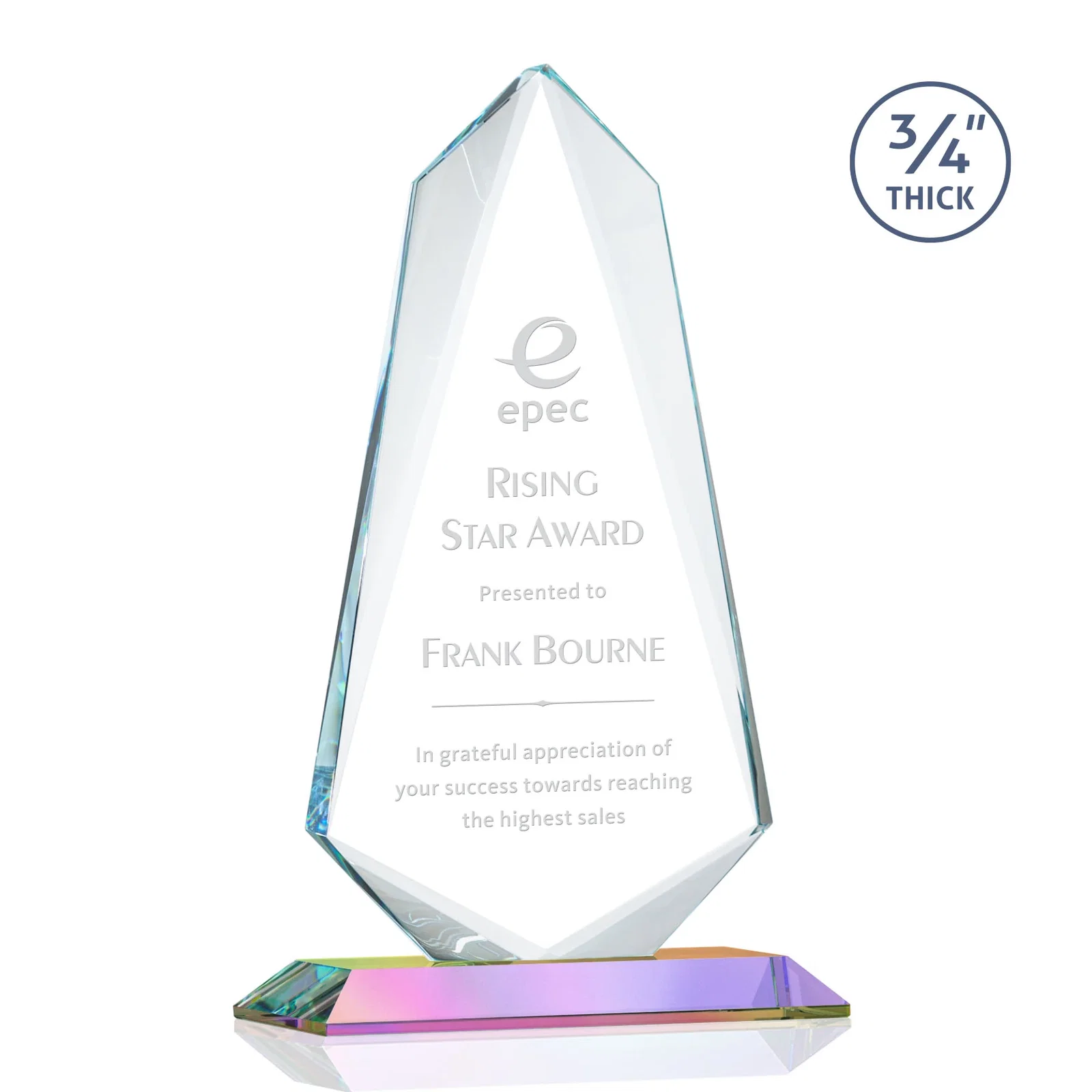 Custom Starfire Crystal Arrow Award with Wood or Crystal Mitered Base, with your logo for graduation ceremonies