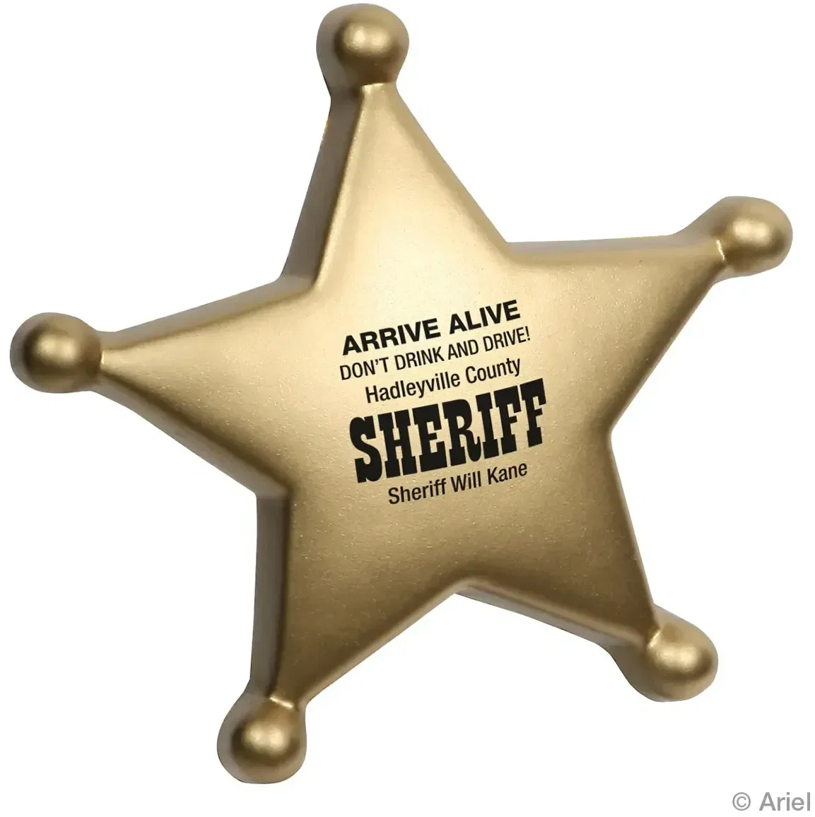 Sheriff's badge custom stress reliever, five-point badge squeeze toy branded with logo, front view