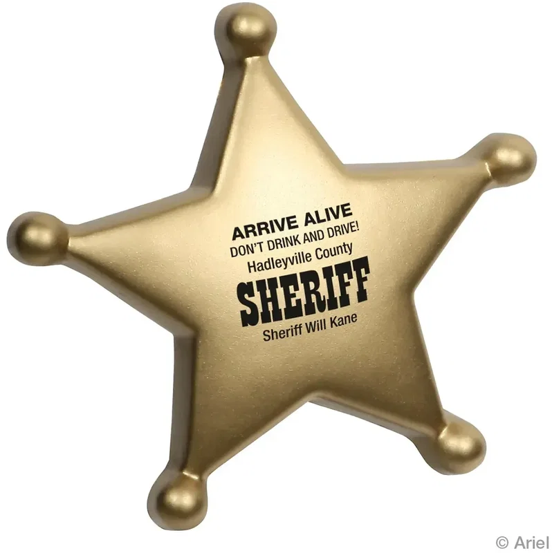 Sheriff's badge custom stress reliever, five-point badge squeeze toy branded with logo, front view