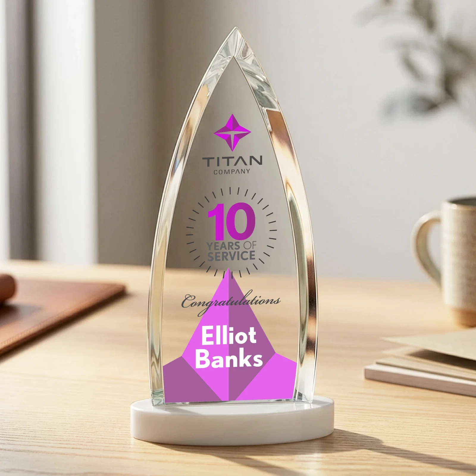Branded Starfire Crystal Arrowhead Award on Round Crystal Base, with your logo for team milestone celebrations