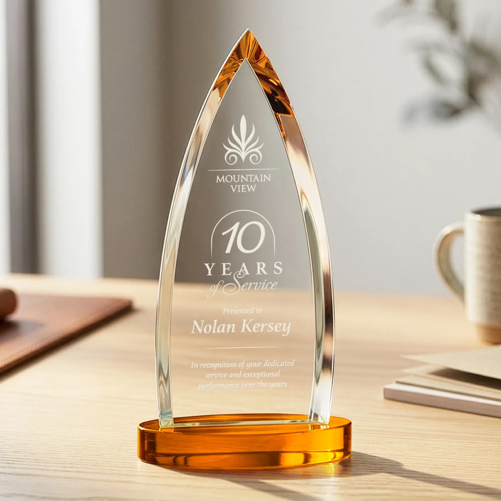 Personalized Starfire Crystal Arrowhead Award on Round Crystal Base for corporate award ceremonies