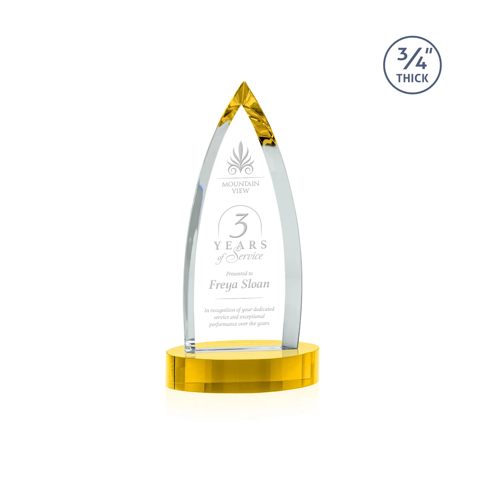 Personalized Starfire Crystal Arrowhead Award on Round Crystal Base for sales achievement awards