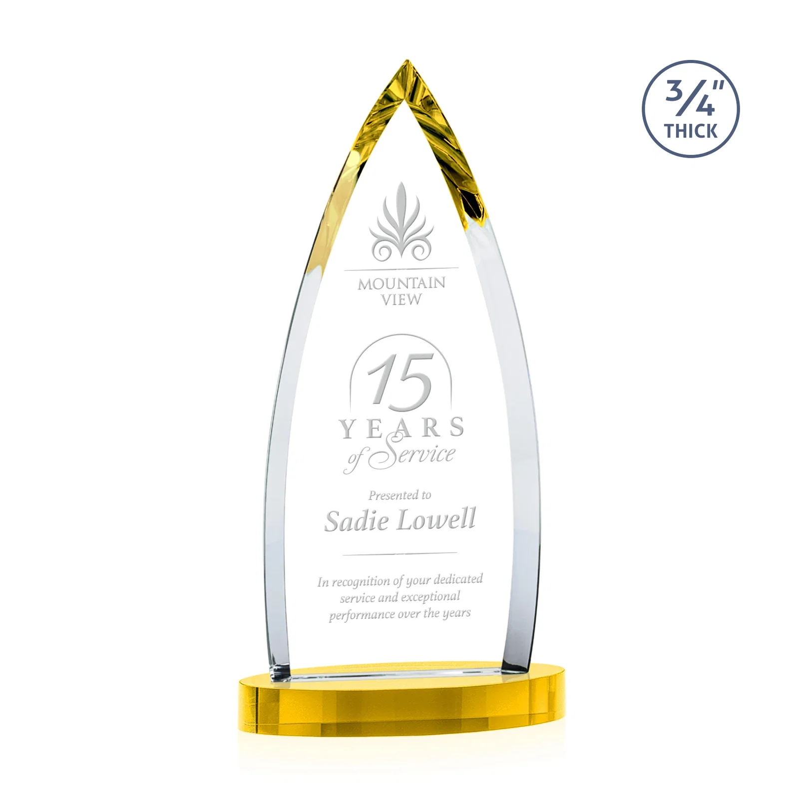 Personalized Starfire Crystal Arrowhead Award on Round Crystal Base for donor appreciation