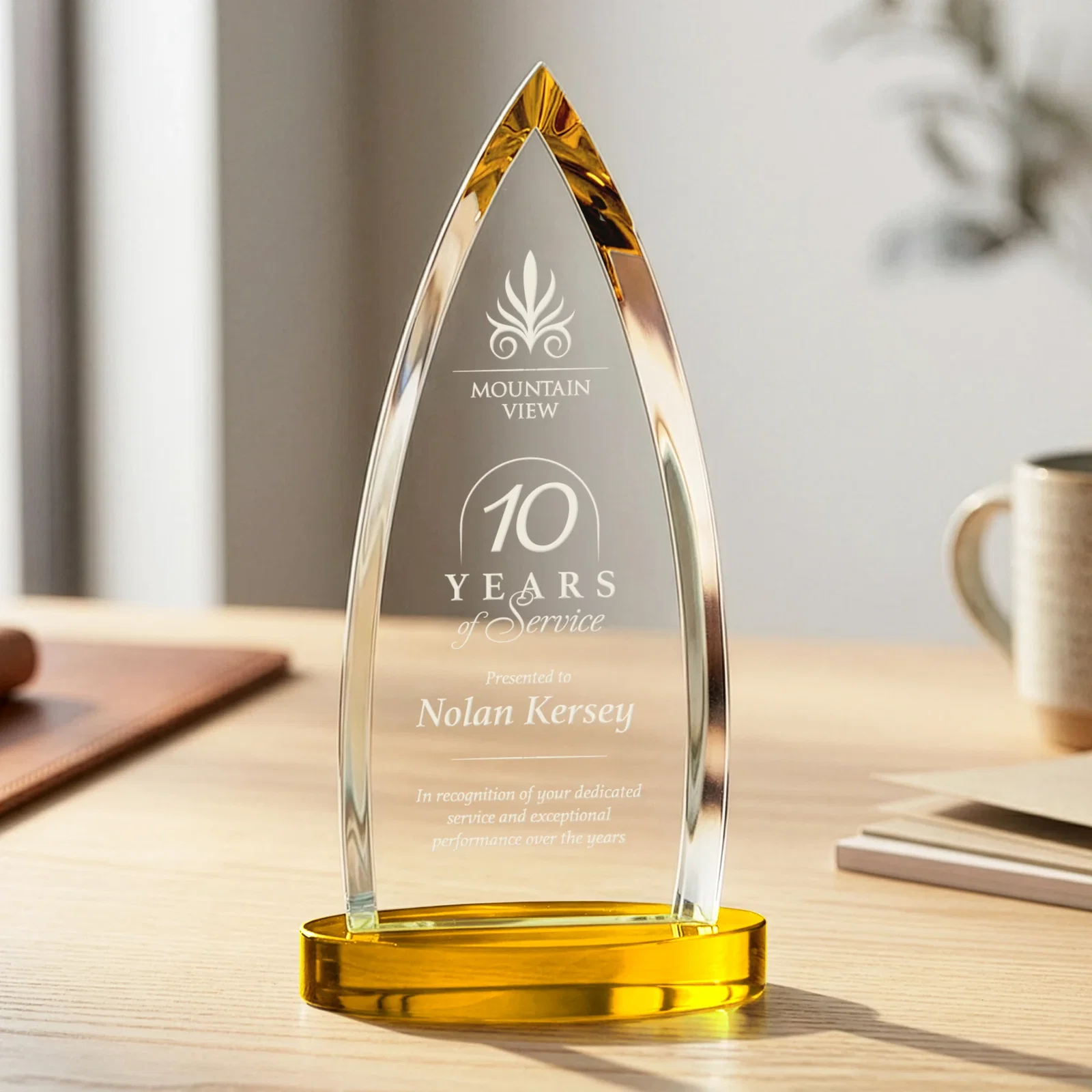 Personalized Starfire Crystal Arrowhead Award on Round Crystal Base for safety achievement programs