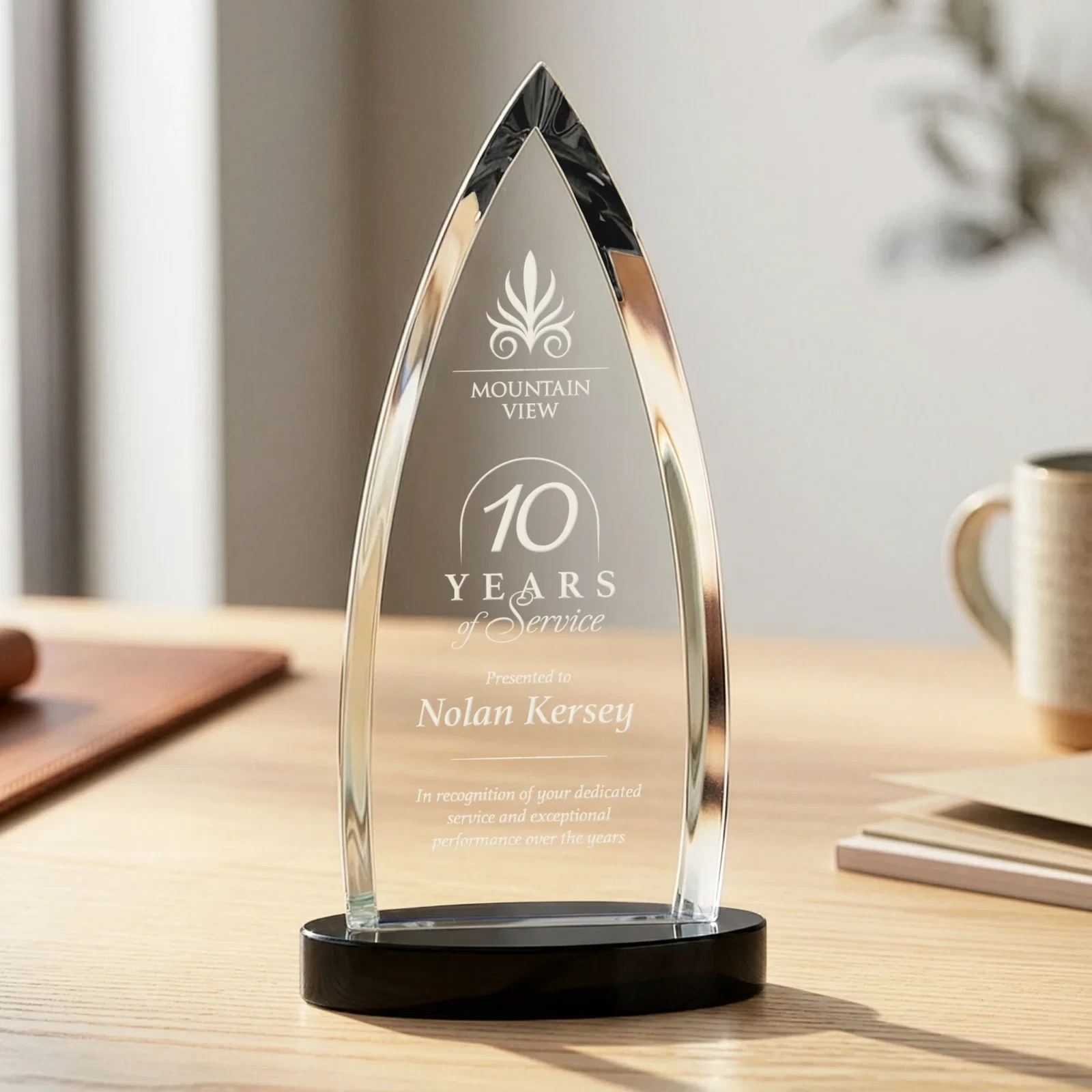 Promotional Starfire Crystal Arrowhead Award on Round Crystal Base for dealer and partner awards