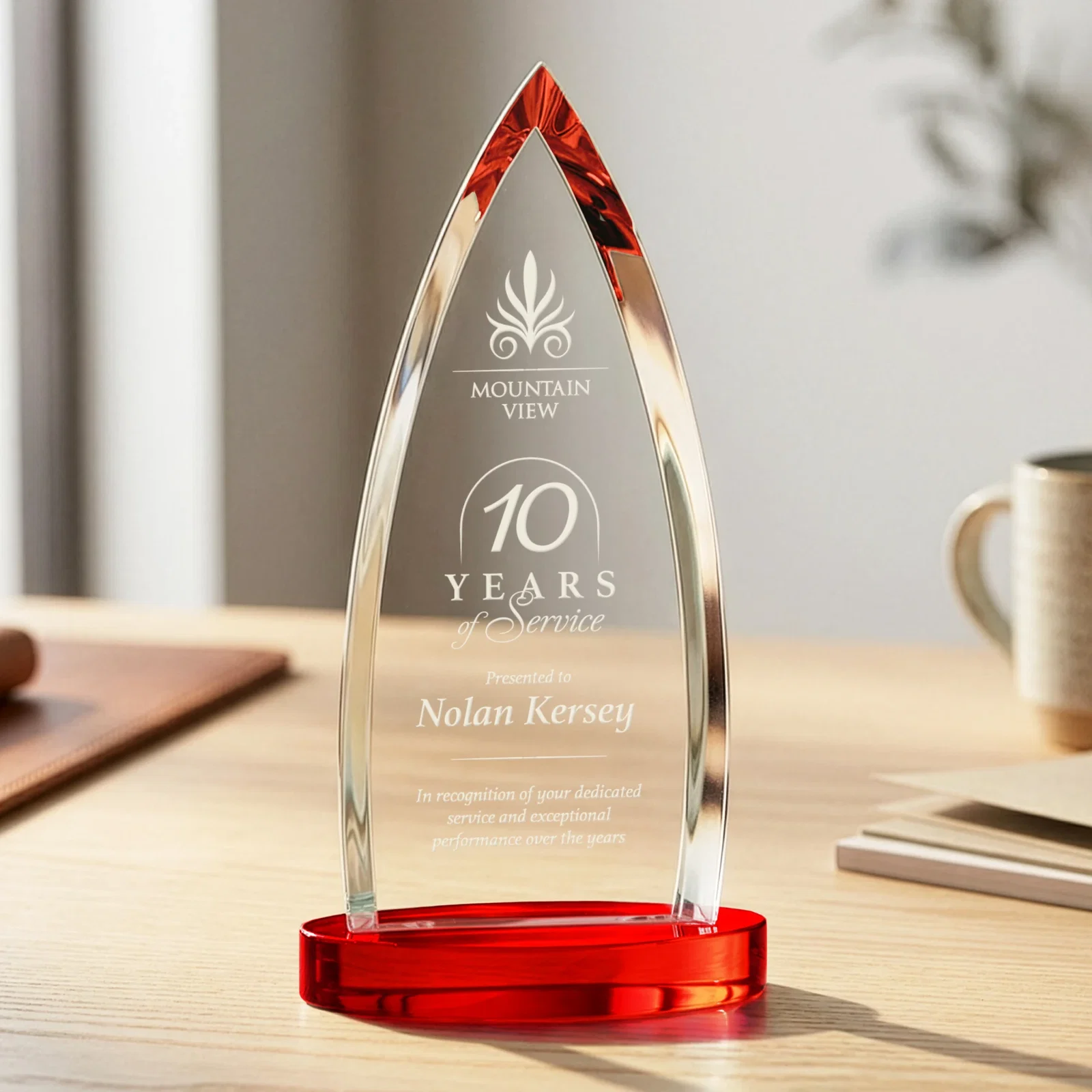 Custom printed Starfire Crystal Arrowhead Award on Round Crystal Base for employee recognition