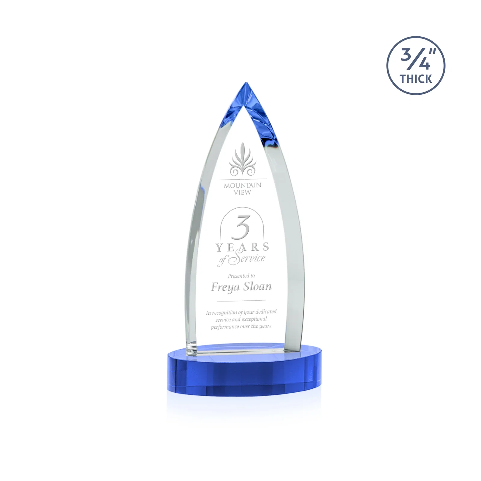 Custom printed Starfire Crystal Arrowhead Award on Round Crystal Base for service anniversary gifts