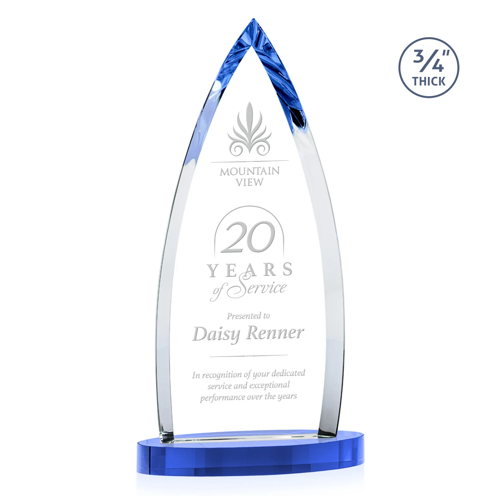 Custom printed Starfire Crystal Arrowhead Award on Round Crystal Base for donor appreciation