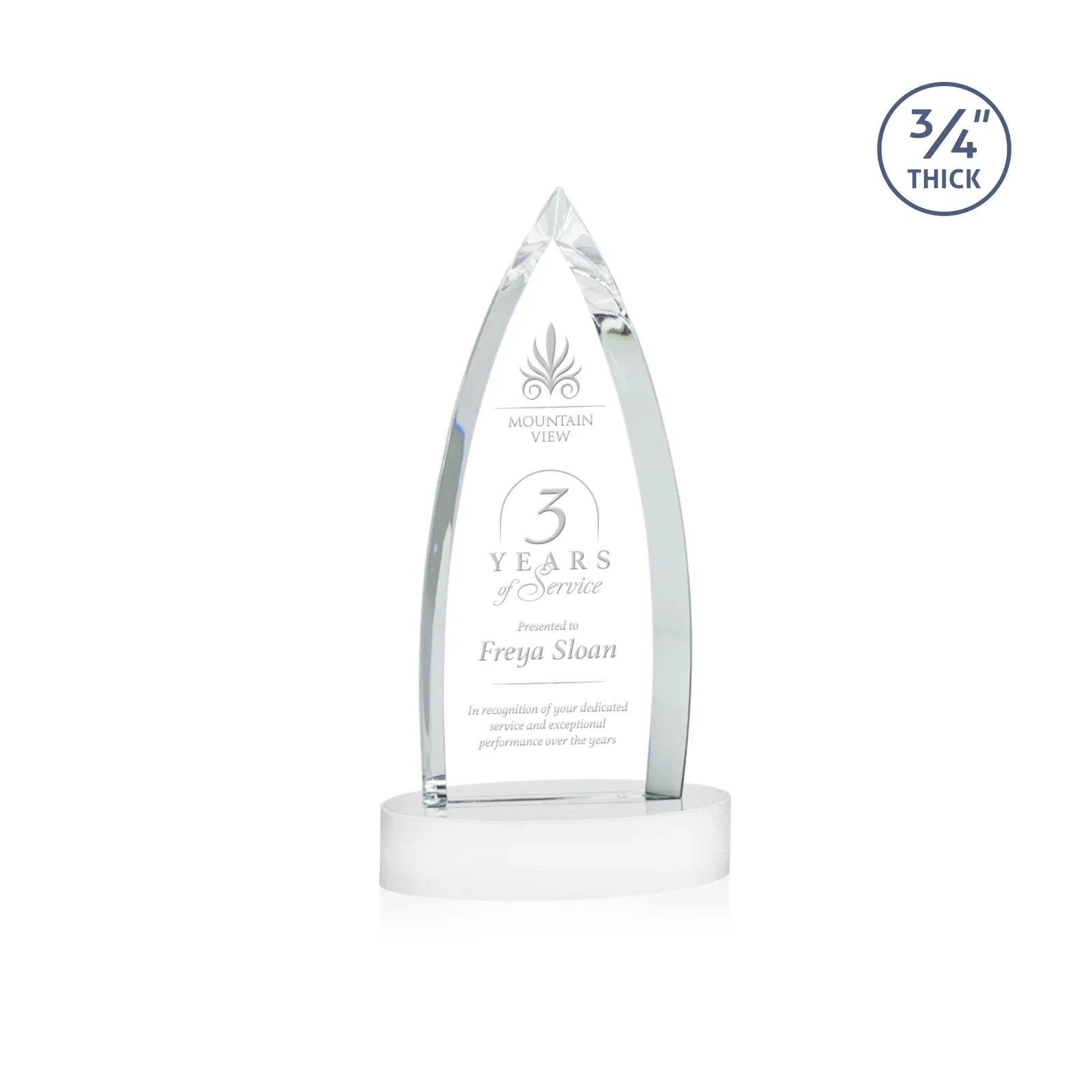 Custom printed Starfire Crystal Arrowhead Award on Round Crystal Base for volunteer appreciation