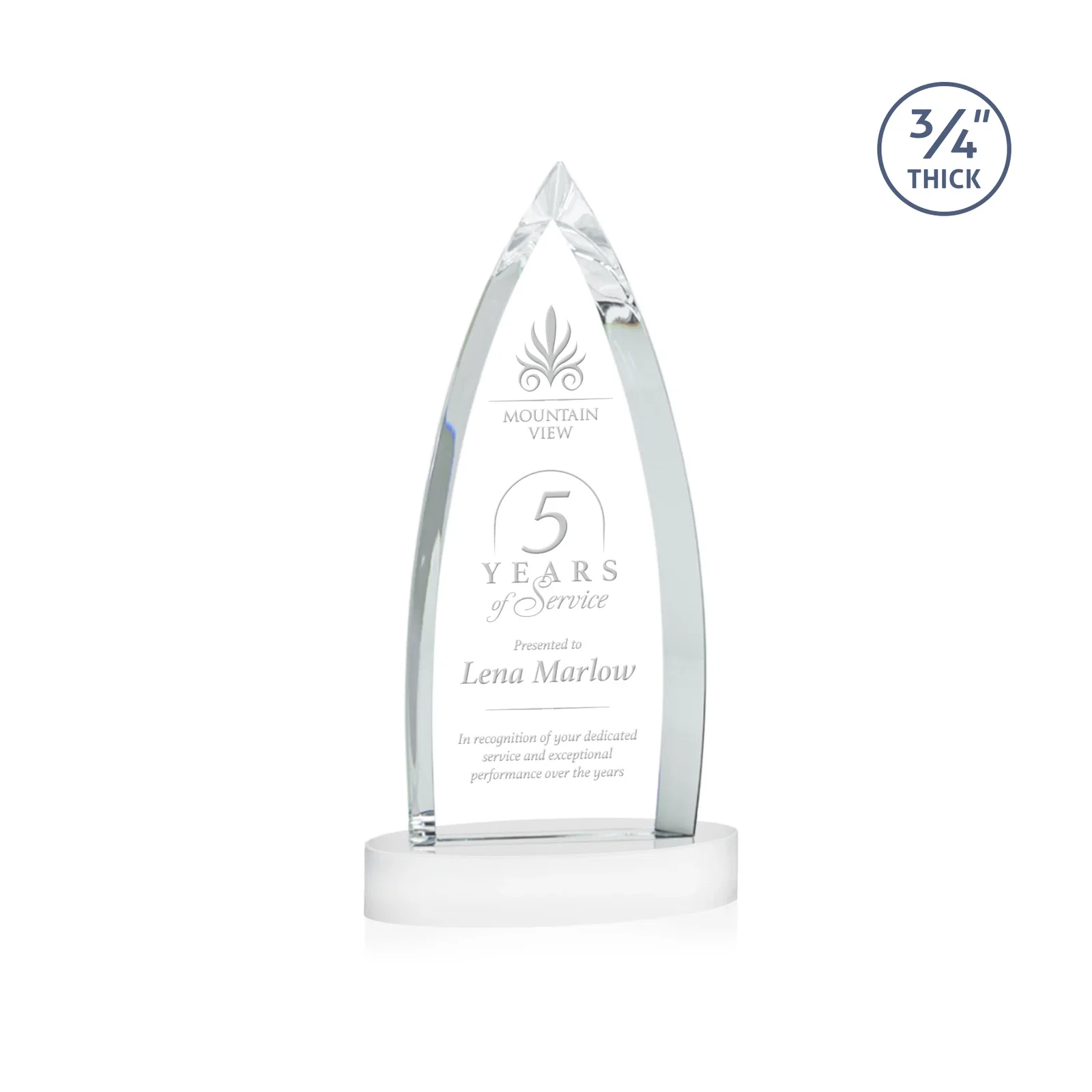 Custom printed Starfire Crystal Arrowhead Award on Round Crystal Base for dealer and partner awards