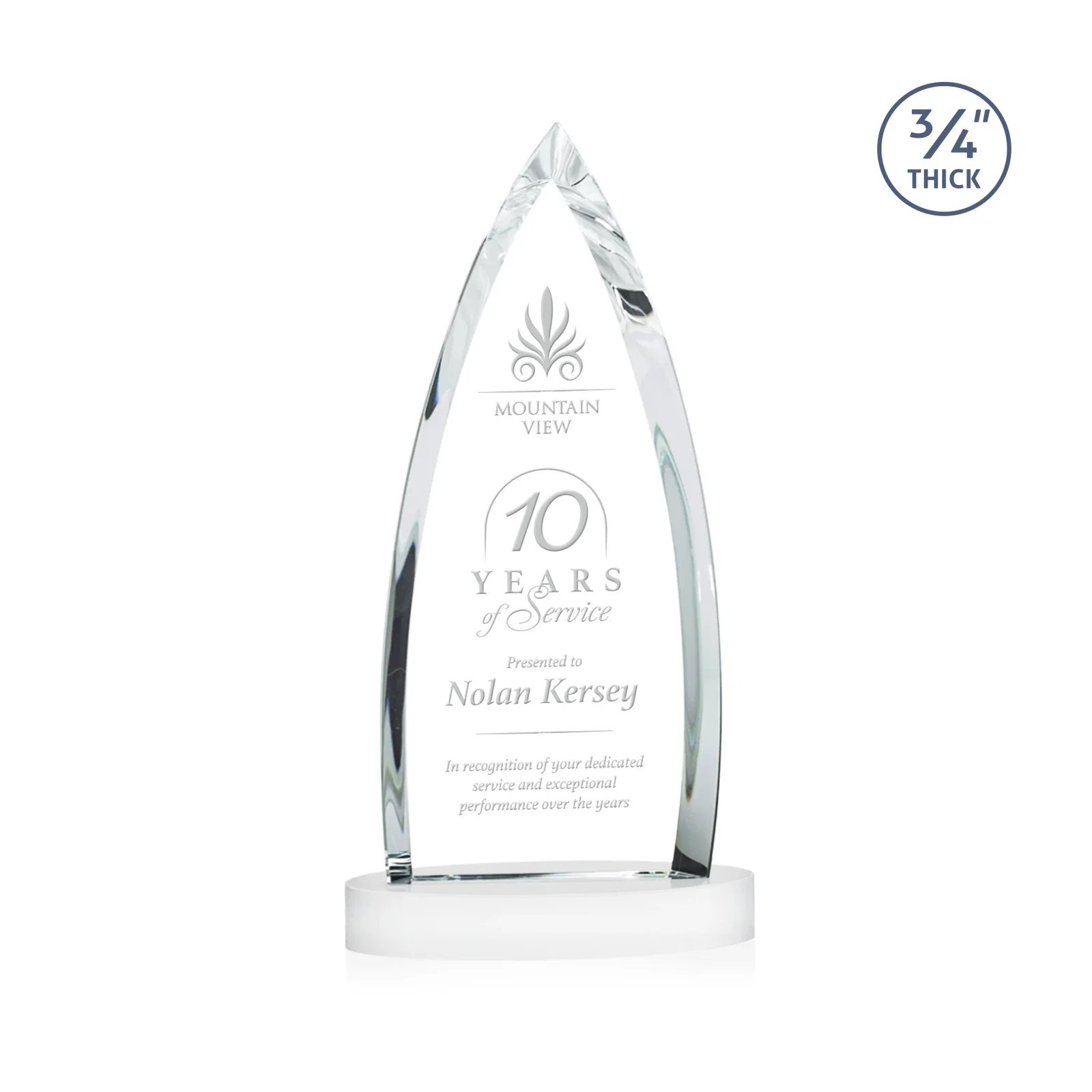 Custom printed Starfire Crystal Arrowhead Award on Round Crystal Base for company anniversary events