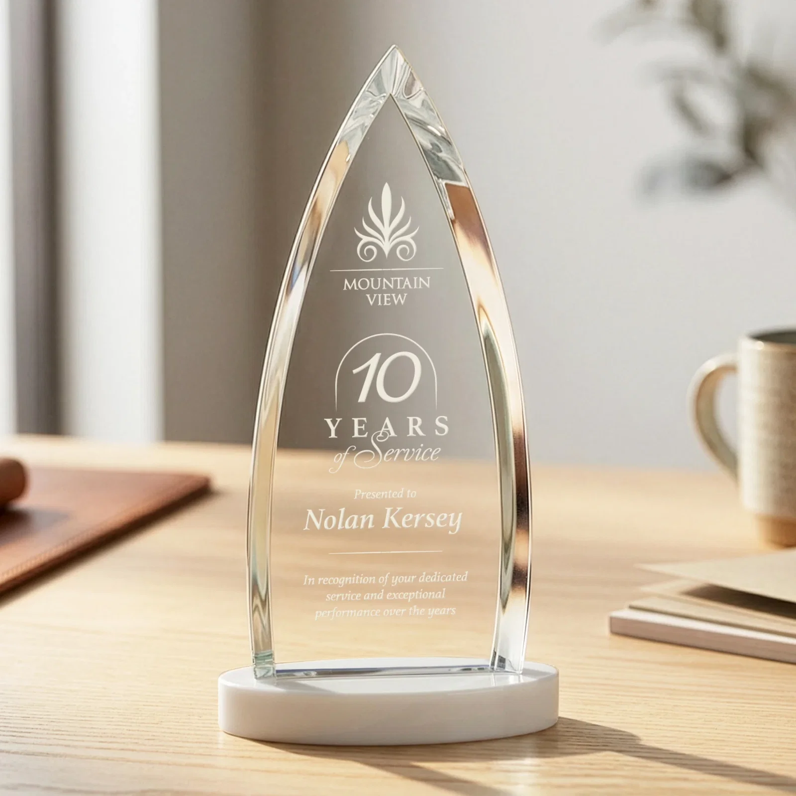 Customized Starfire Crystal Arrowhead Award on Round Crystal Base for service anniversary gifts