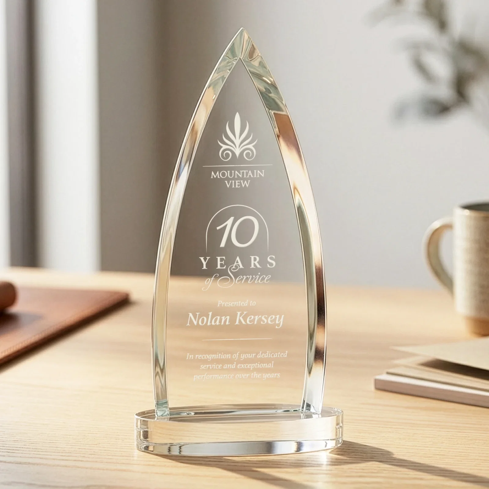Custom Starfire Crystal Arrowhead Award on Round Crystal Base for donor appreciation