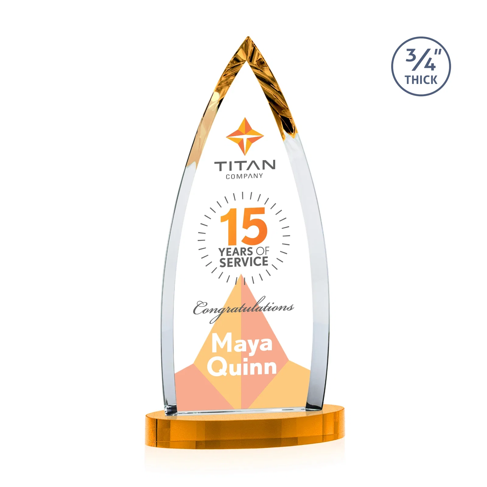 Custom engraved Starfire Crystal Arrowhead Award on Round Crystal Base for service anniversary gifts