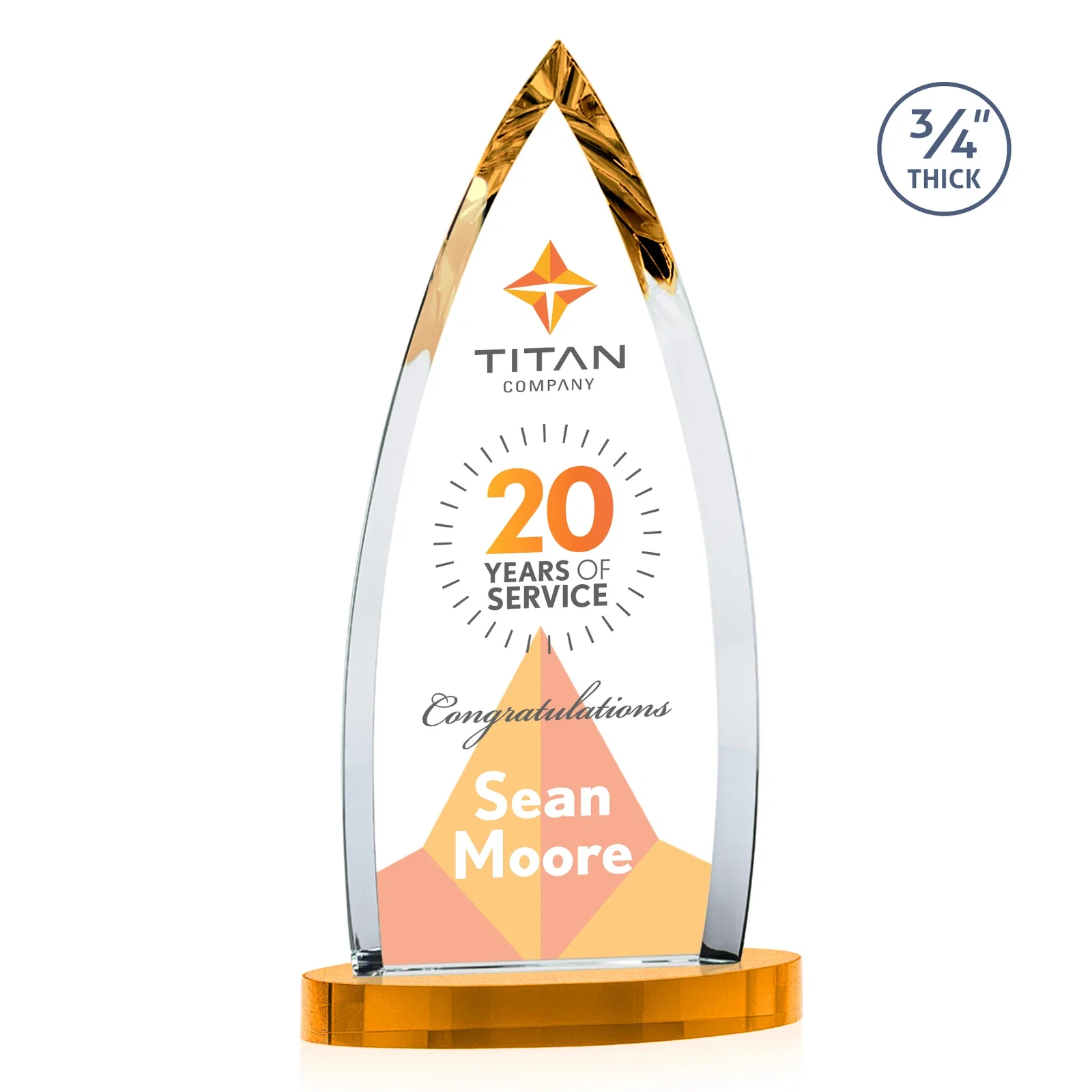 Custom engraved Starfire Crystal Arrowhead Award on Round Crystal Base for sales achievement awards