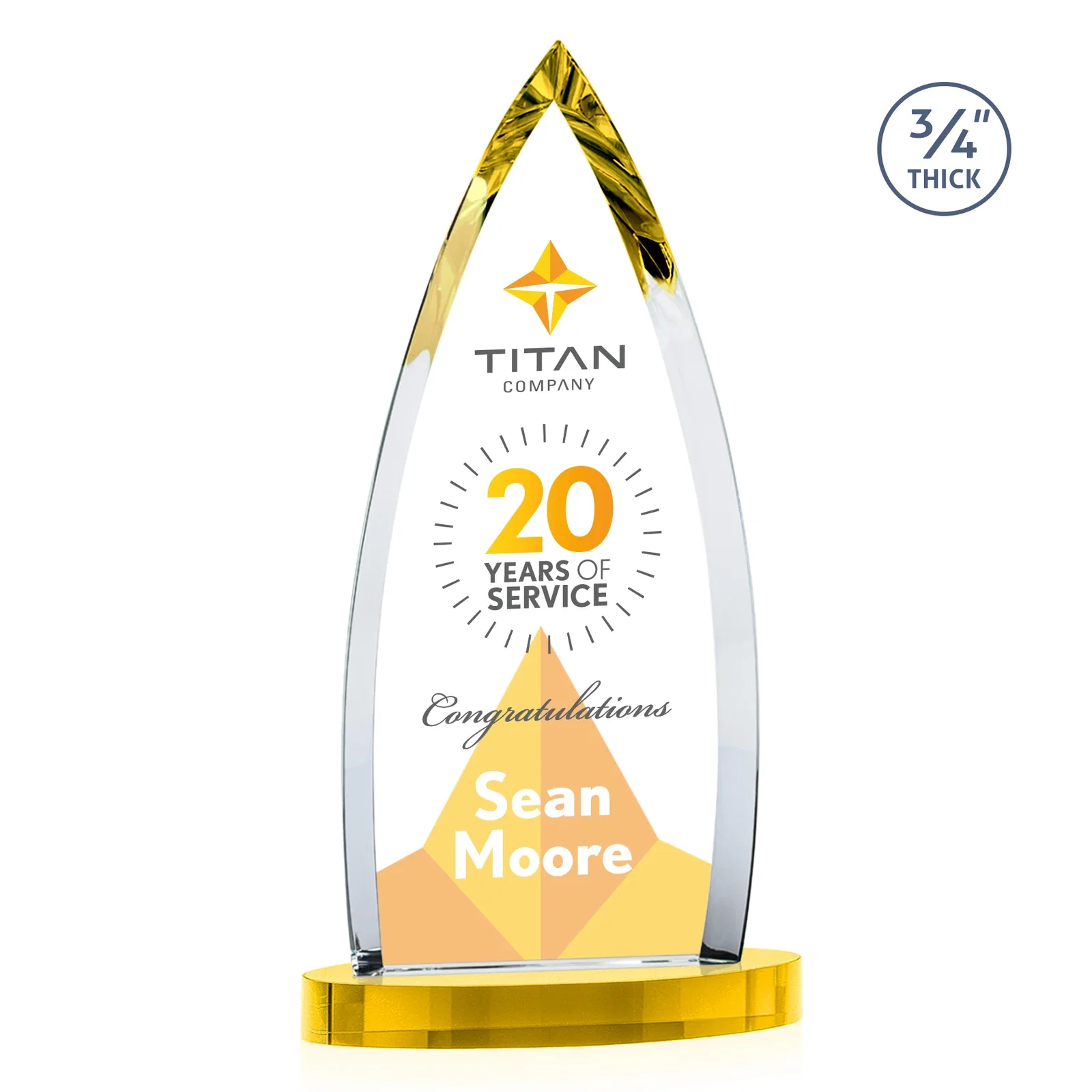 Custom engraved Starfire Crystal Arrowhead Award on Round Crystal Base for dealer and partner awards