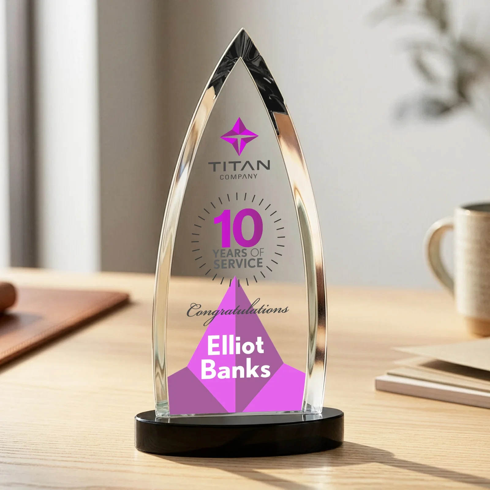 Personalized Starfire Crystal Arrowhead Award on Round Crystal Base, with your logo for corporate award ceremonies