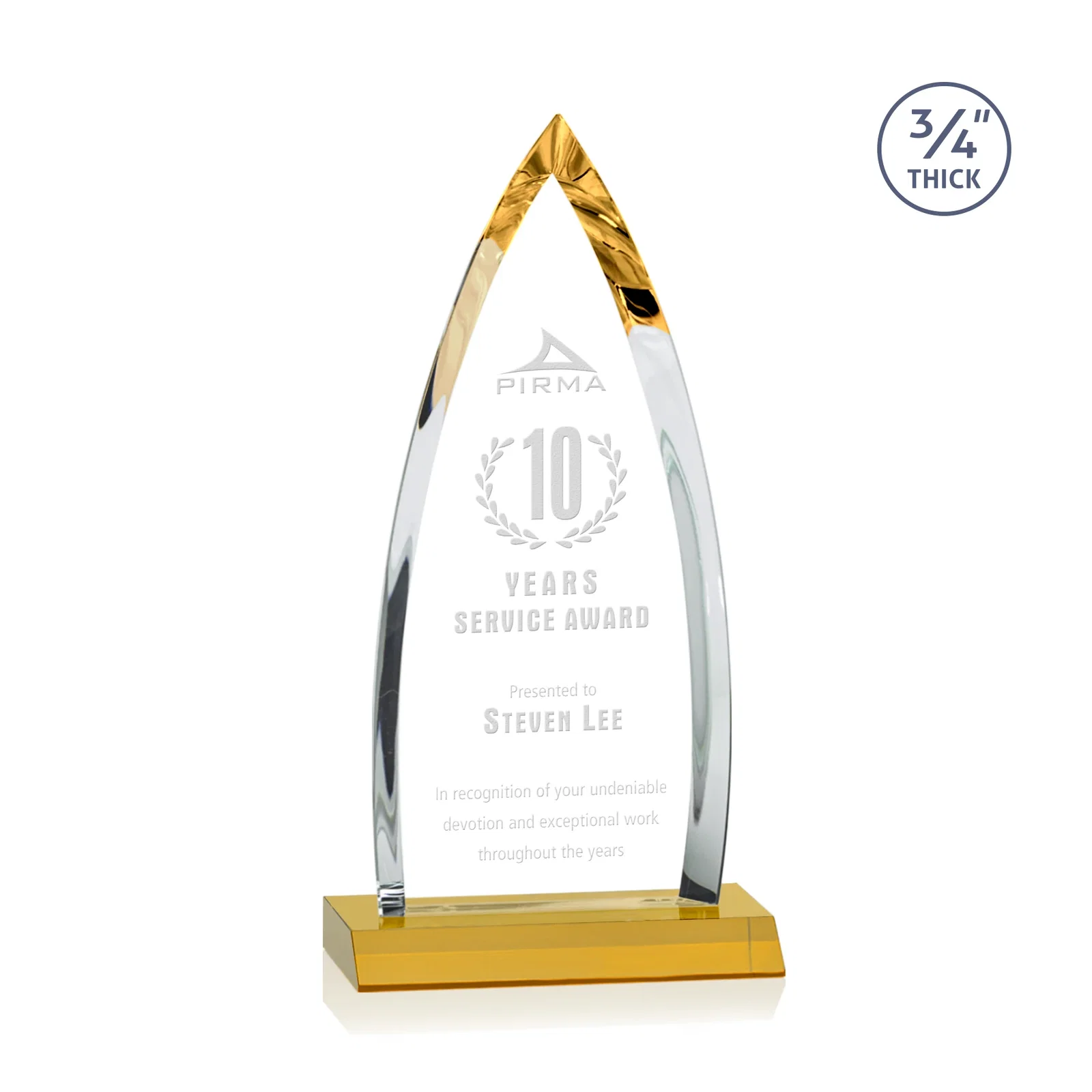 Custom Starfire Crystal Arrowhead Award with Second Etch on Mitered Base, awards for volunteer appreciation