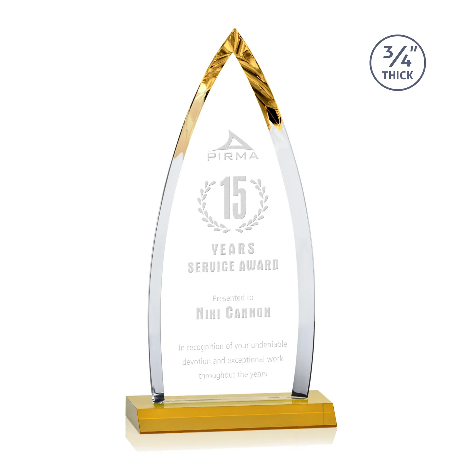 Custom Starfire Crystal Arrowhead Award with Second Etch on Mitered Base, awards for dealer and partner awards