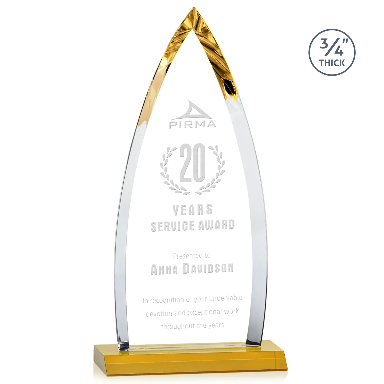 Custom Starfire Crystal Arrowhead Award with Second Etch on Mitered Base, awards for company anniversary events