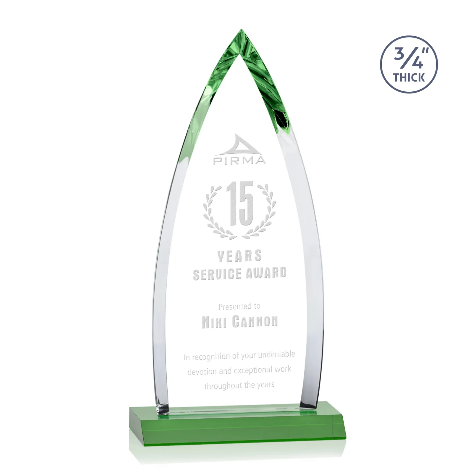 Personalized Starfire Crystal Arrowhead Award with Second Etch on Mitered Base, awards for retirement presentations