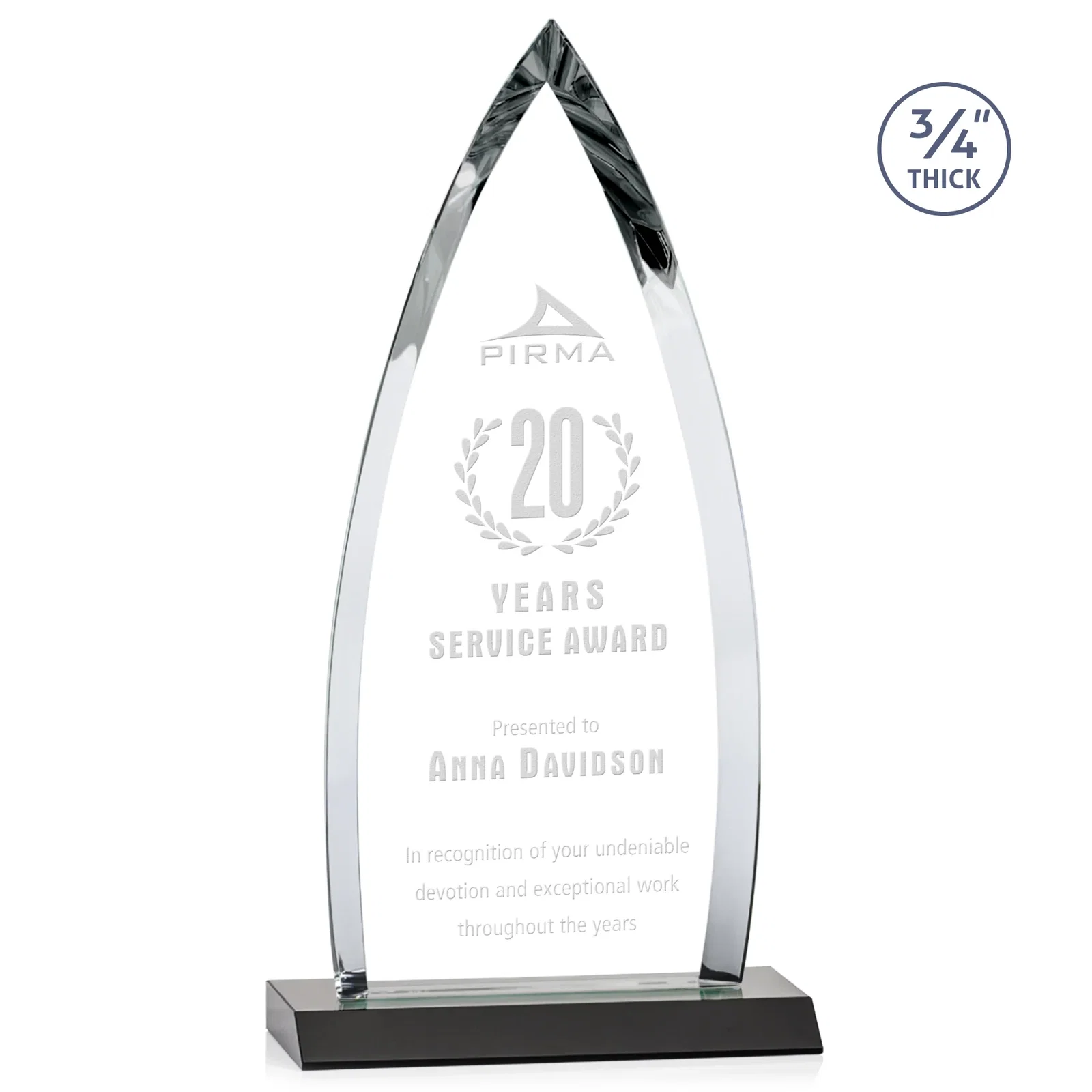 Personalized Starfire Crystal Arrowhead Award with Second Etch on Mitered Base, awards for company anniversary events