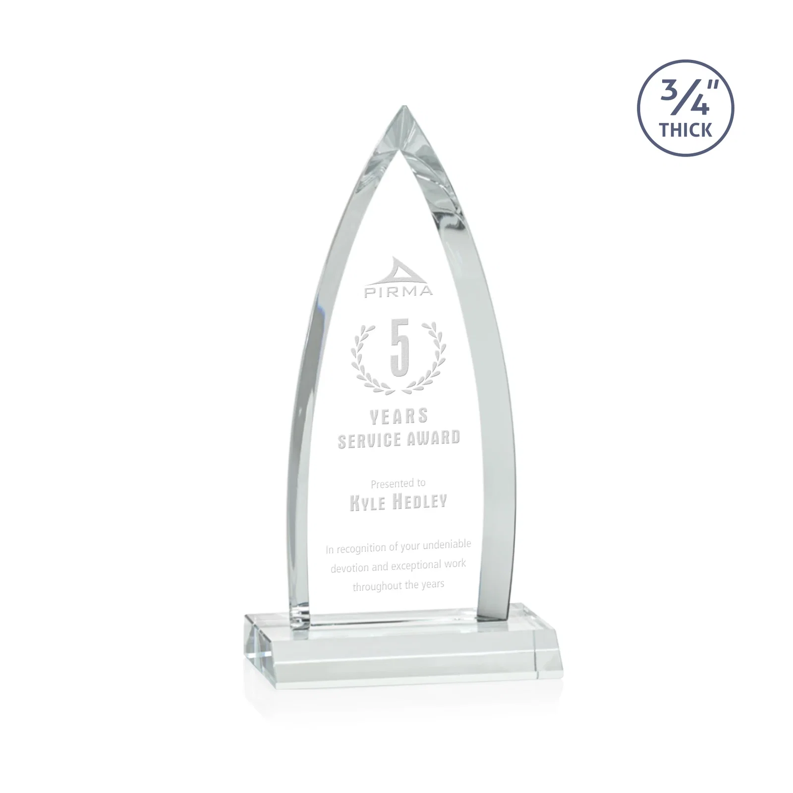 Custom Starfire Crystal Arrowhead Award with Second Etch on Mitered Base, awards for service anniversary gifts