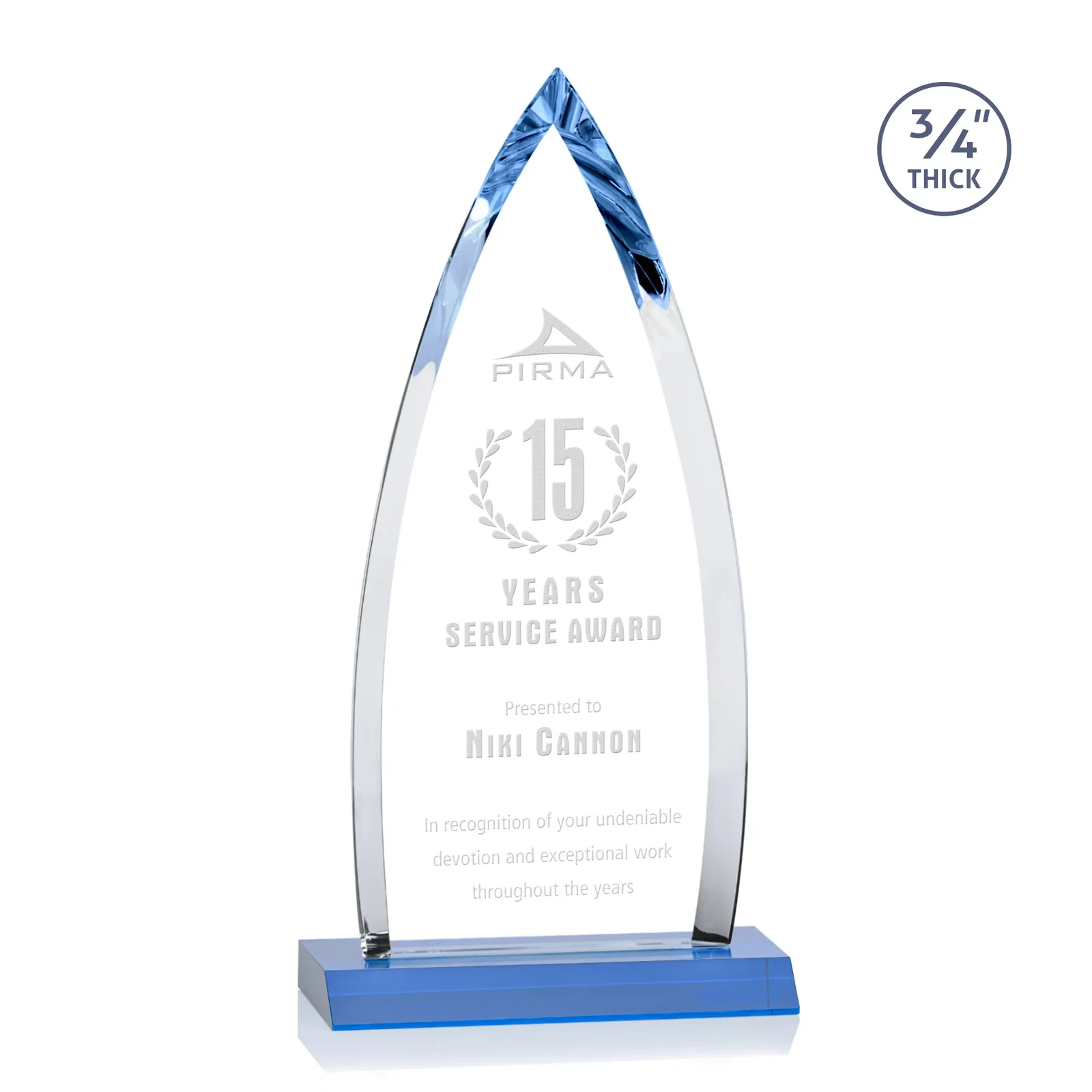 Branded Starfire Crystal Arrowhead Award with Second Etch on Mitered Base, awards for retirement presentations