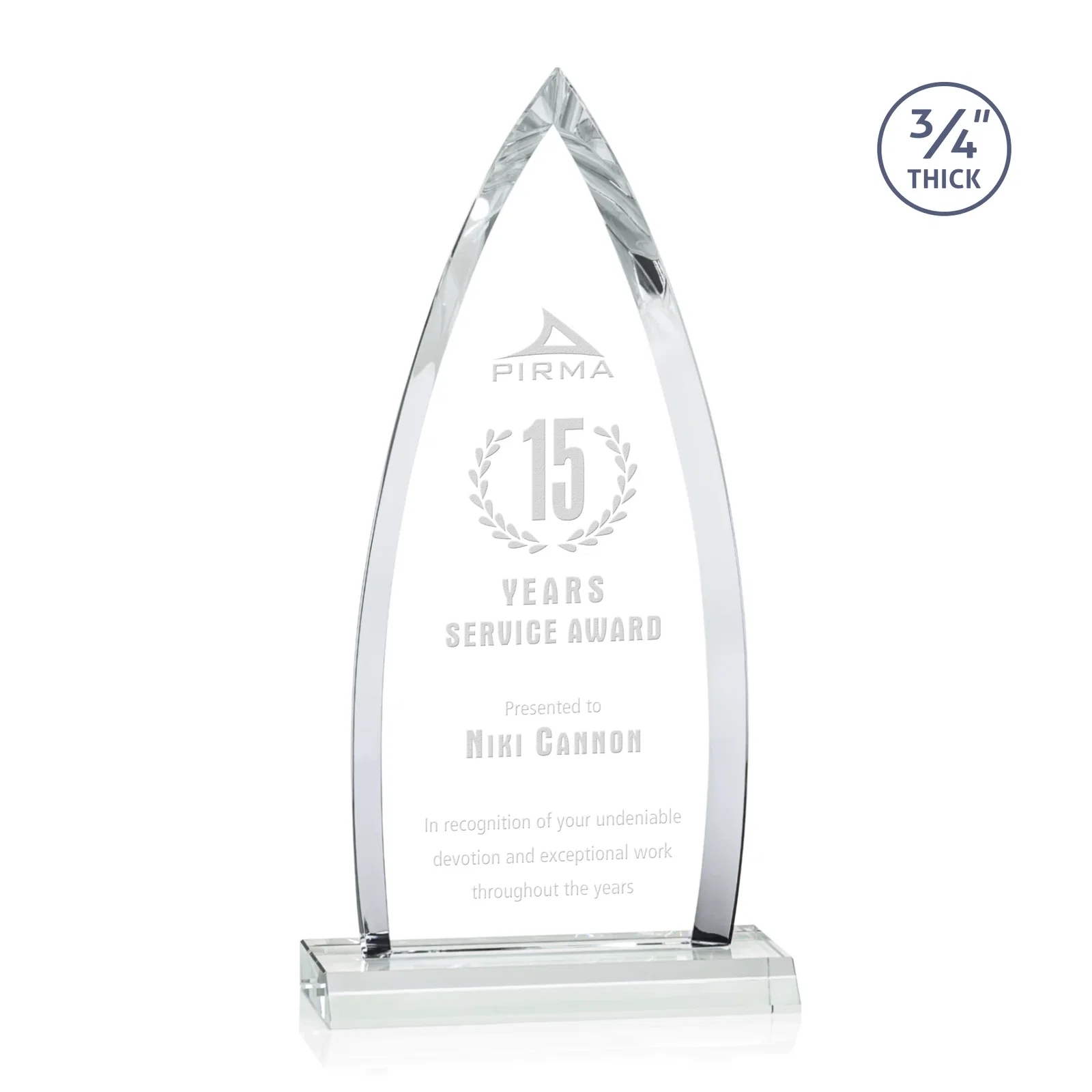 Custom Starfire Crystal Arrowhead Award with Second Etch on Mitered Base, awards for retirement presentations