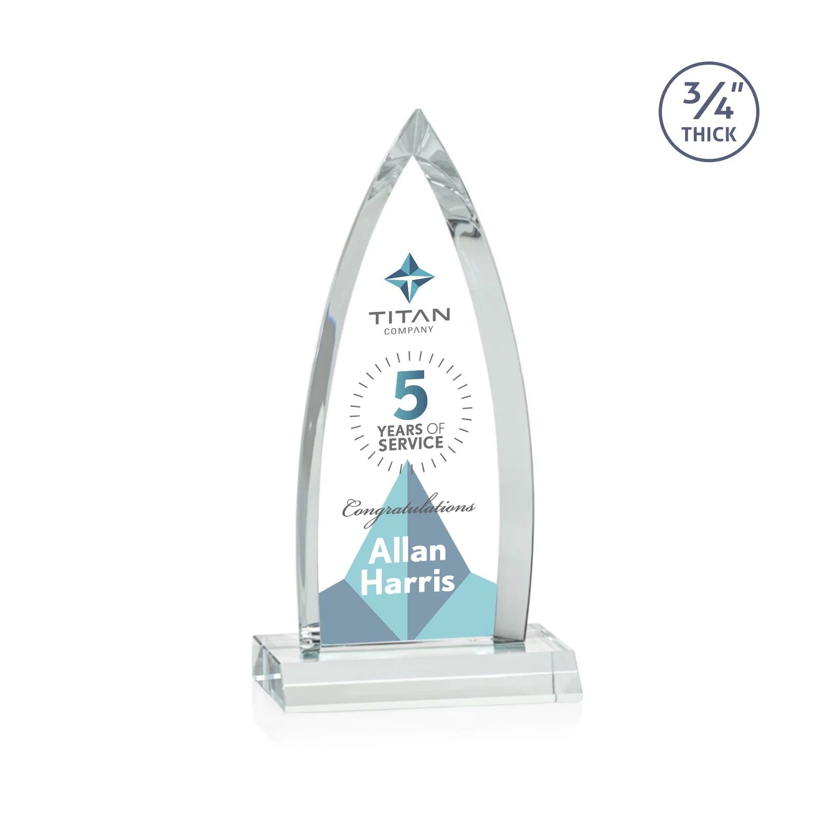 Custom printed Starfire Crystal Arrowhead Award with Second Etch on Mitered Base, awards for service anniversary gifts