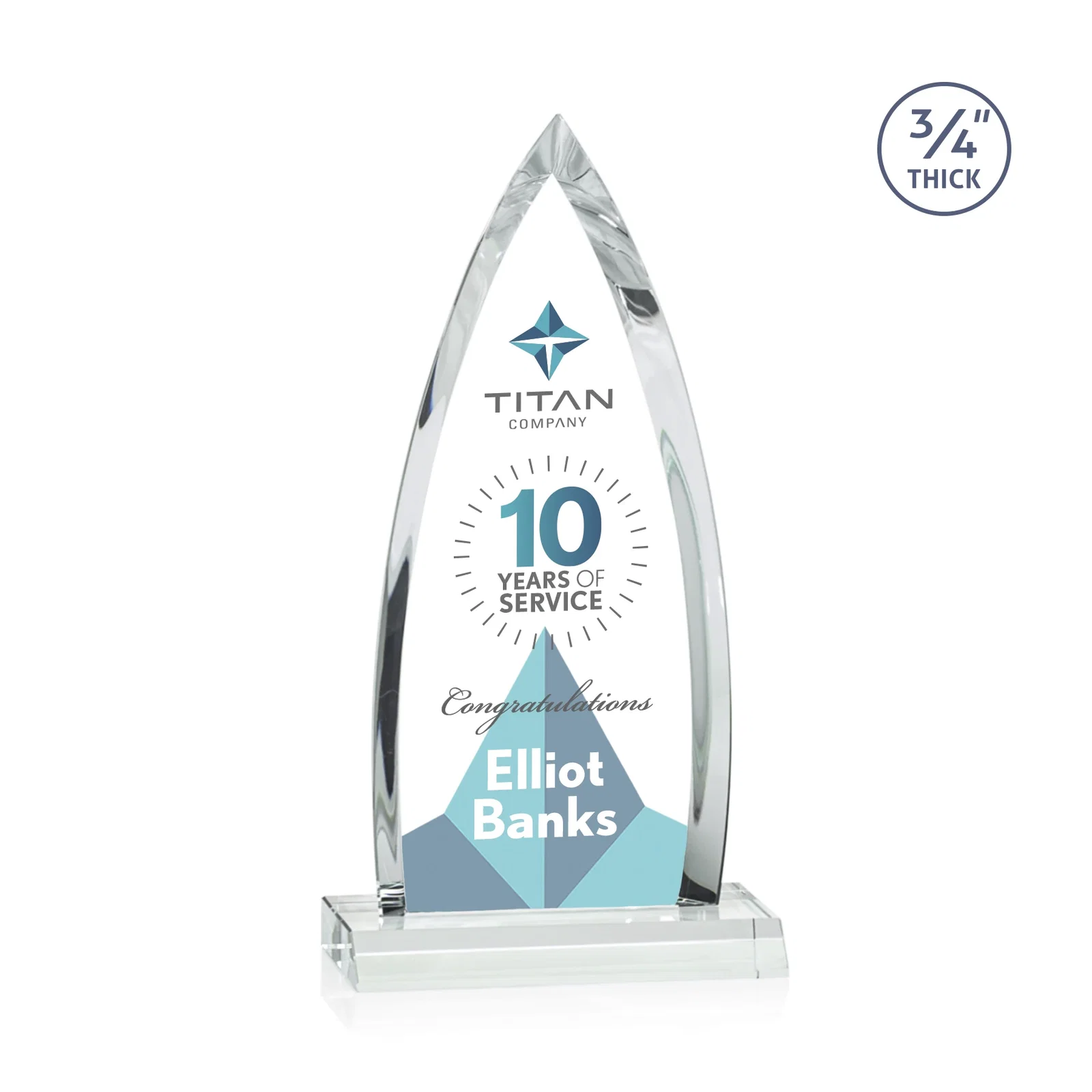 Custom printed Starfire Crystal Arrowhead Award with Second Etch on Mitered Base, awards for sales achievement awards