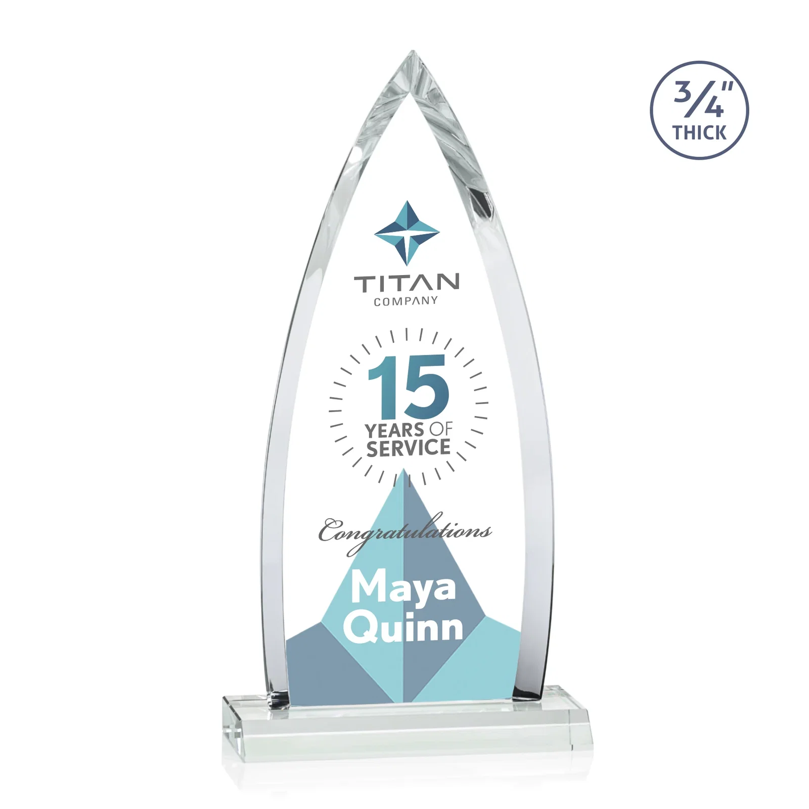 Custom printed Starfire Crystal Arrowhead Award with Second Etch on Mitered Base, awards for retirement presentations