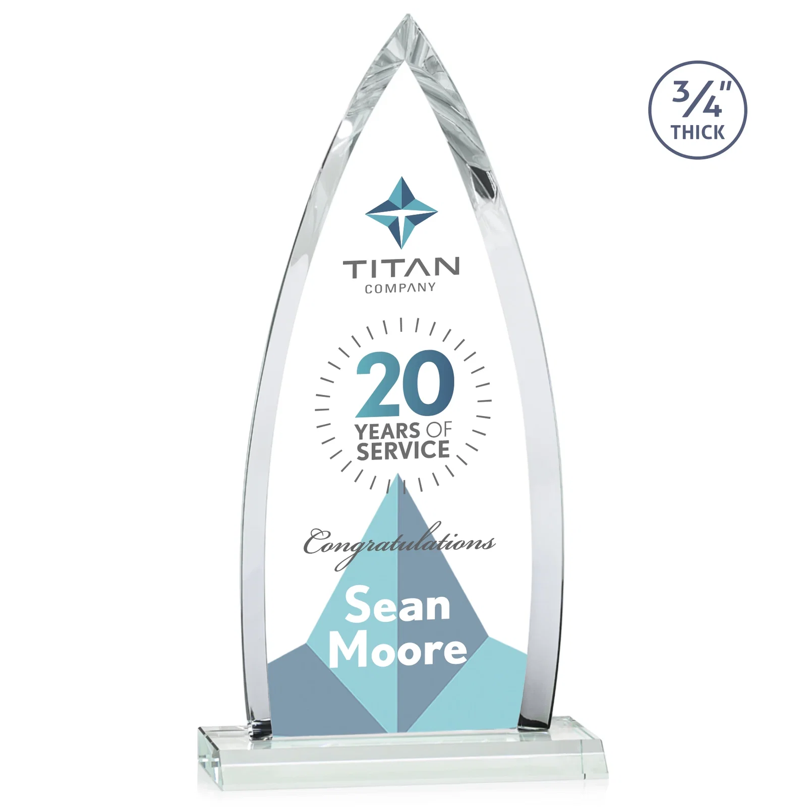 Custom printed Starfire Crystal Arrowhead Award with Second Etch on Mitered Base, awards for team milestone celebrations