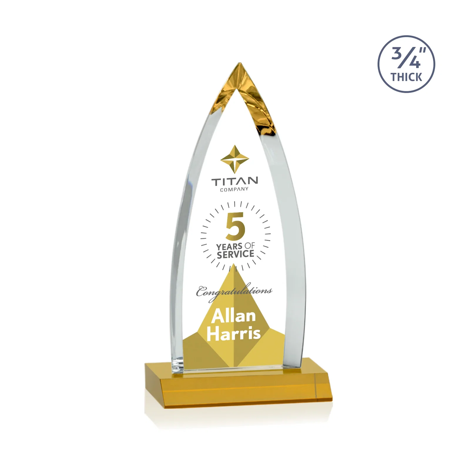 Custom printed Starfire Crystal Arrowhead Award with Second Etch on Mitered Base, awards for safety achievement programs