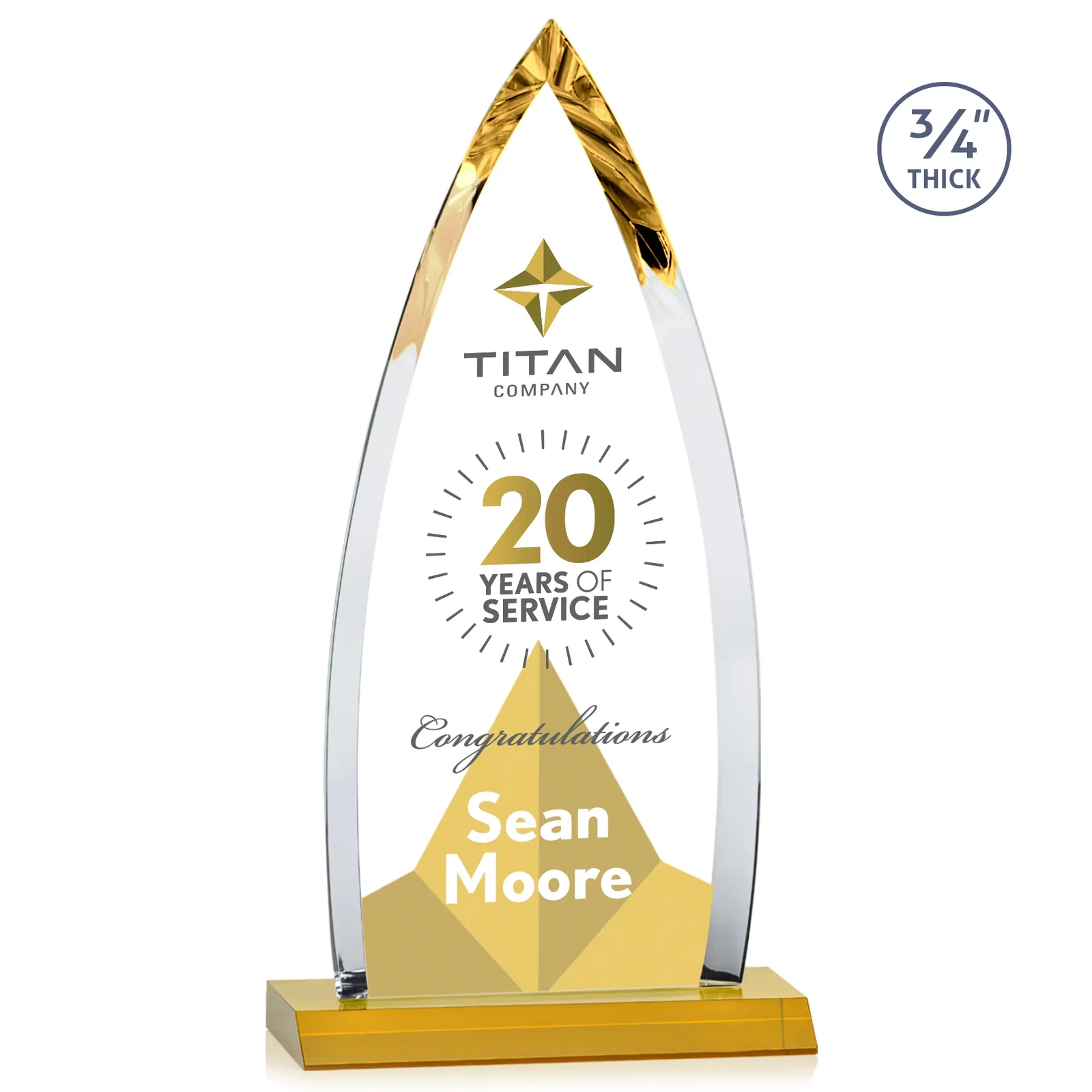 Custom printed Starfire Crystal Arrowhead Award with Second Etch on Mitered Base, awards for company anniversary events