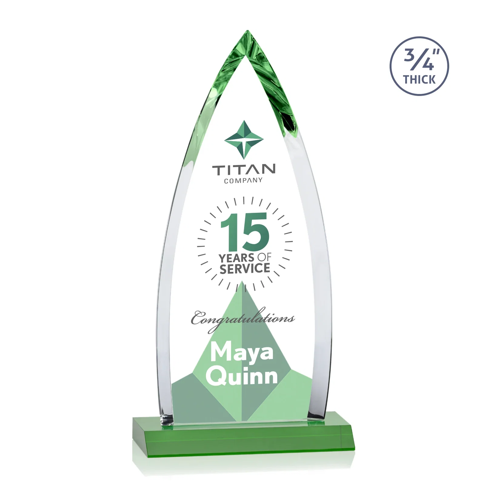 Customized Starfire Crystal Arrowhead Award with Second Etch on Mitered Base, awards for retirement presentations