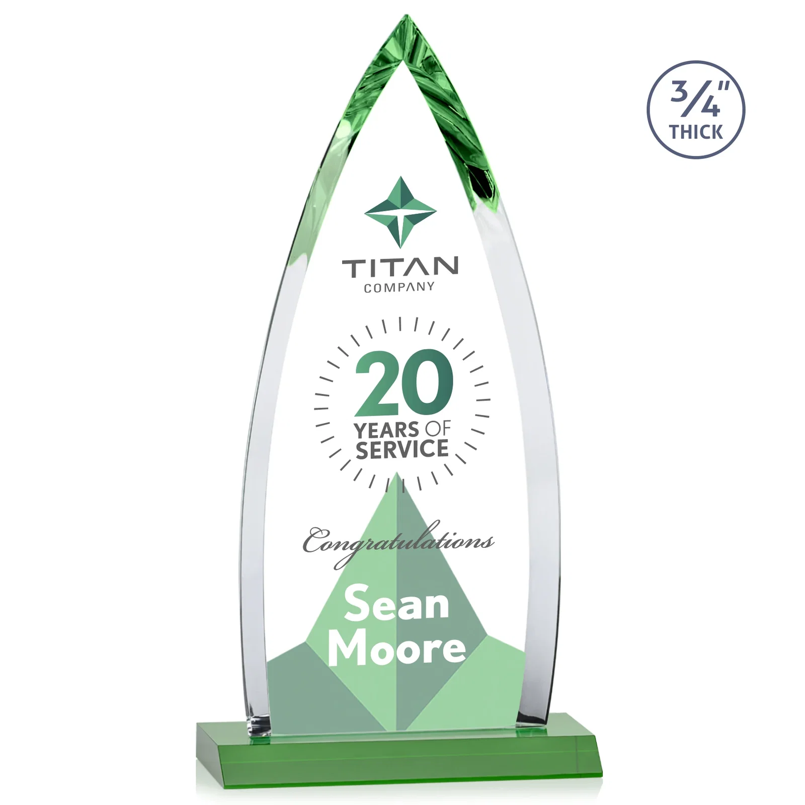Customized Starfire Crystal Arrowhead Award with Second Etch on Mitered Base, awards for team milestone celebrations