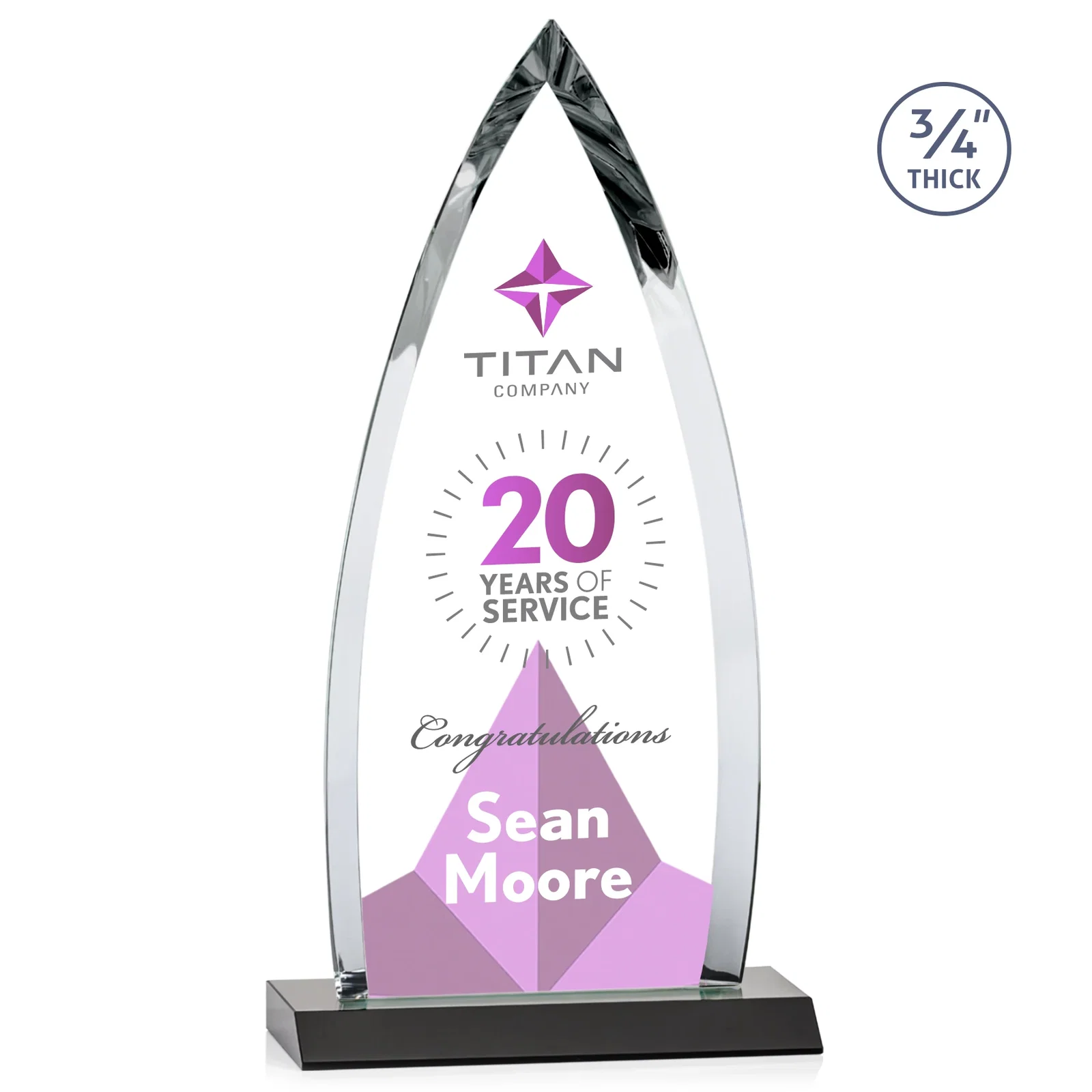 Customized Starfire Crystal Arrowhead Award with Second Etch on Mitered Base, awards for company anniversary events