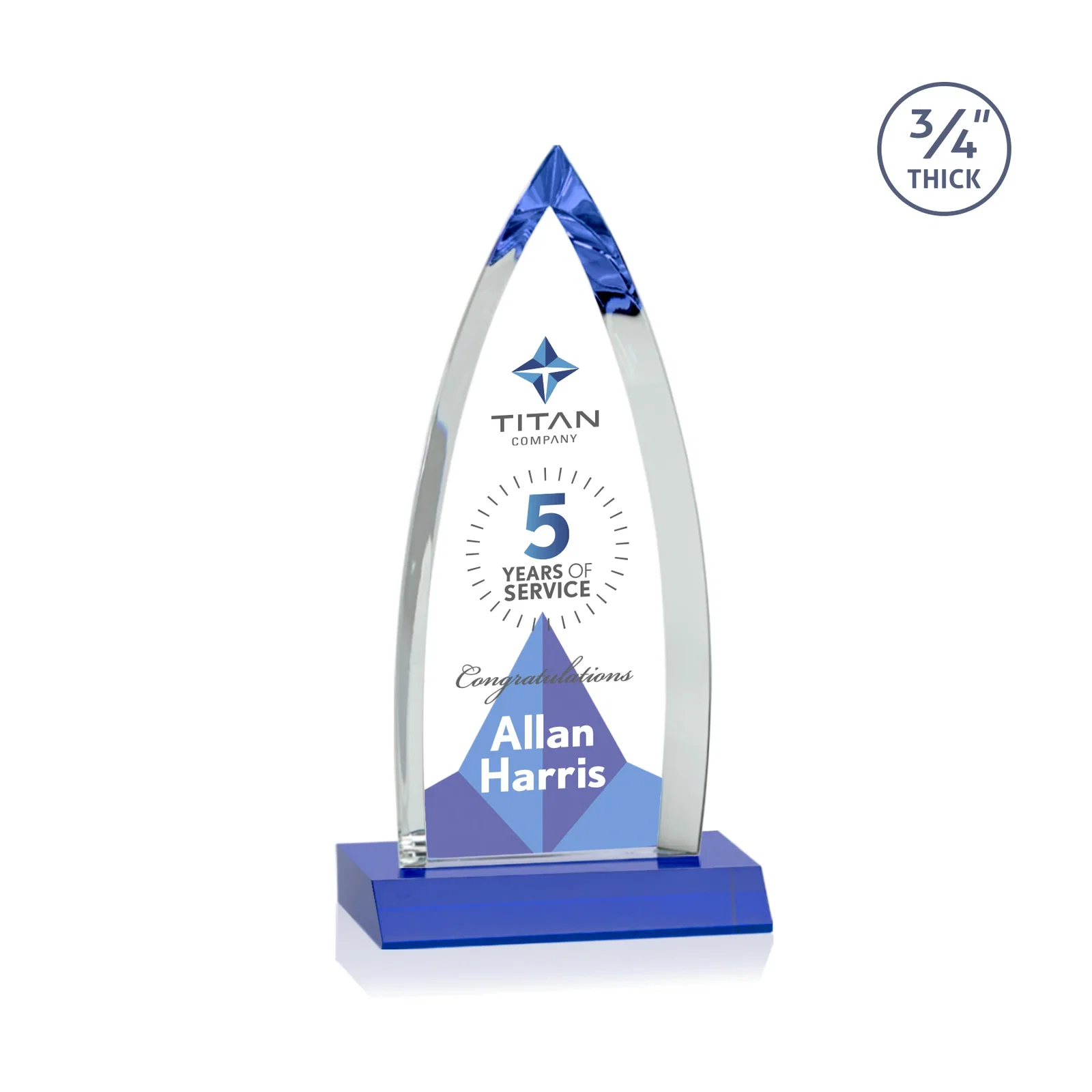 Custom engraved Starfire Crystal Arrowhead Award with Second Etch on Mitered Base, awards for service anniversary gifts