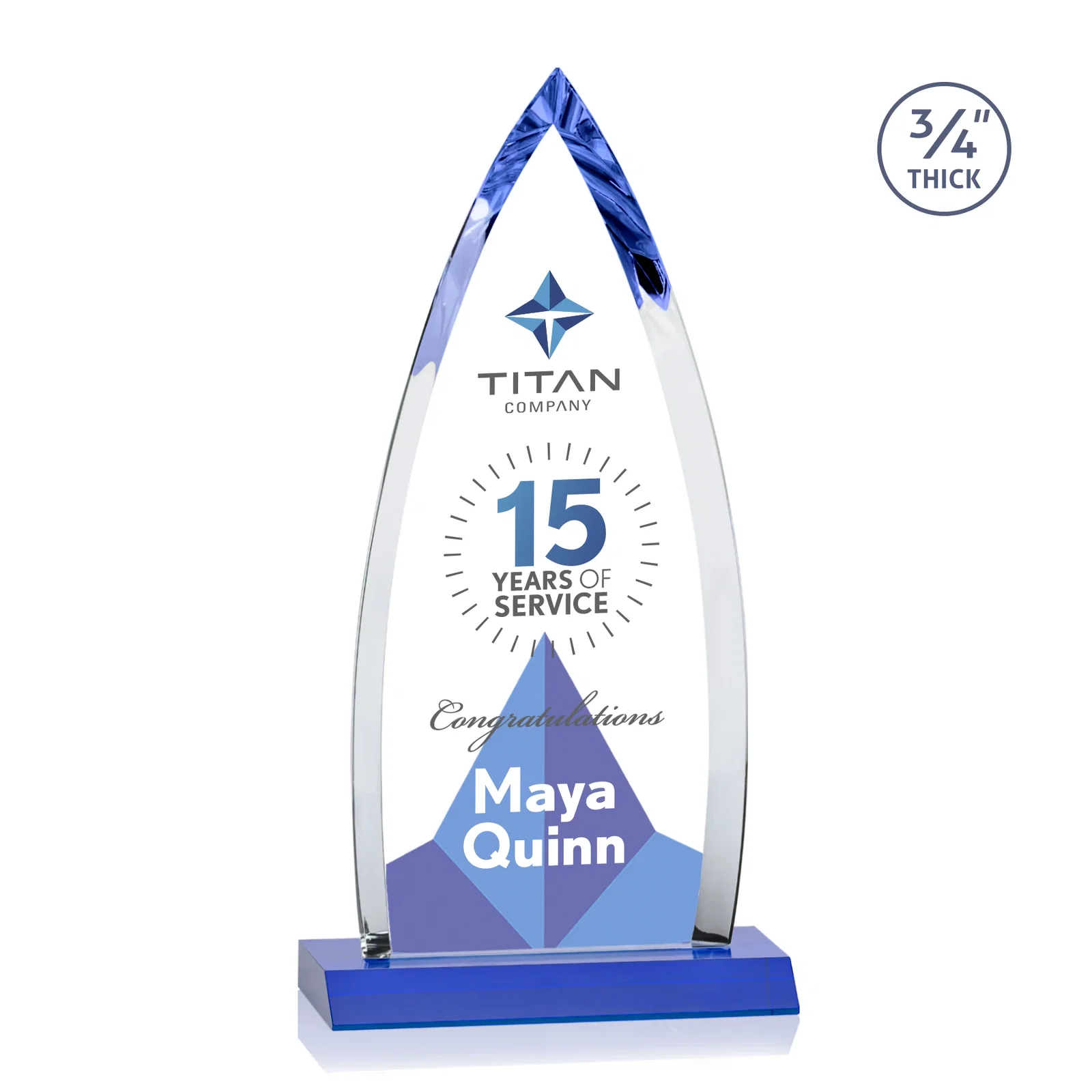 Custom engraved Starfire Crystal Arrowhead Award with Second Etch on Mitered Base, awards for retirement presentations